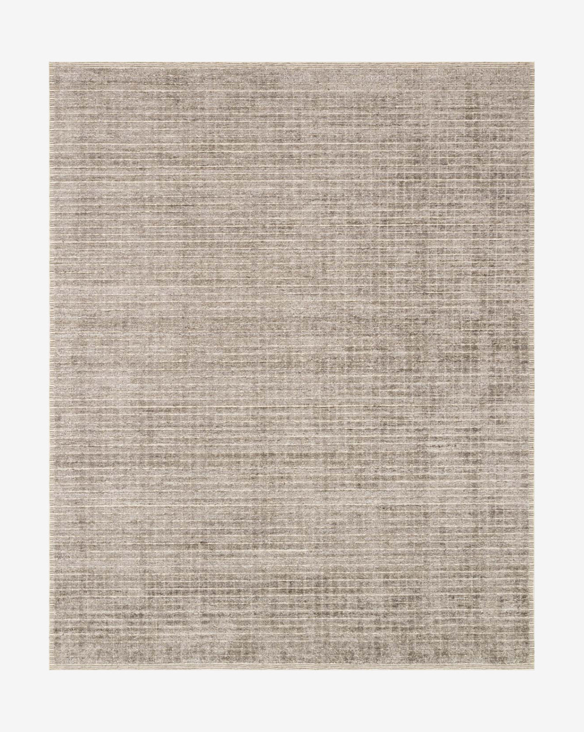 The Ameglia Stone Rug is a rectangular hand-loomed piece with a subtle, textured pattern in neutral beige and light brown tones, featuring faint horizontal and vertical lines for a modern, minimalist look, by McGee & Co.