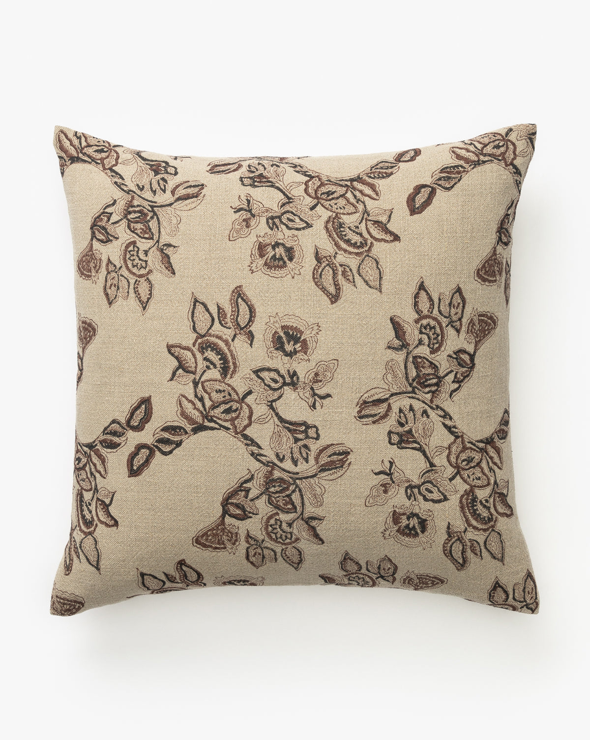 The Amelia Floral Pillow Cover features a square beige design with dark brown and taupe embroidered branches, leaves, and stylized flowers on a soft cotton-linen blend background, by McGee & Co.