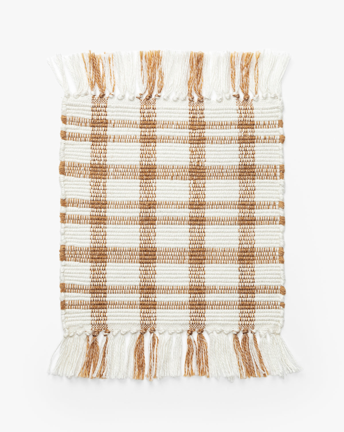 The Amherst Yellow Indoor/Outdoor Rug Swatch features a white and tan checkered plaid pattern with fringe on the top and bottom edges. Its thick, slightly raised texture creates a handcrafted look for versatile indoor or outdoor use, by McGee & Co.