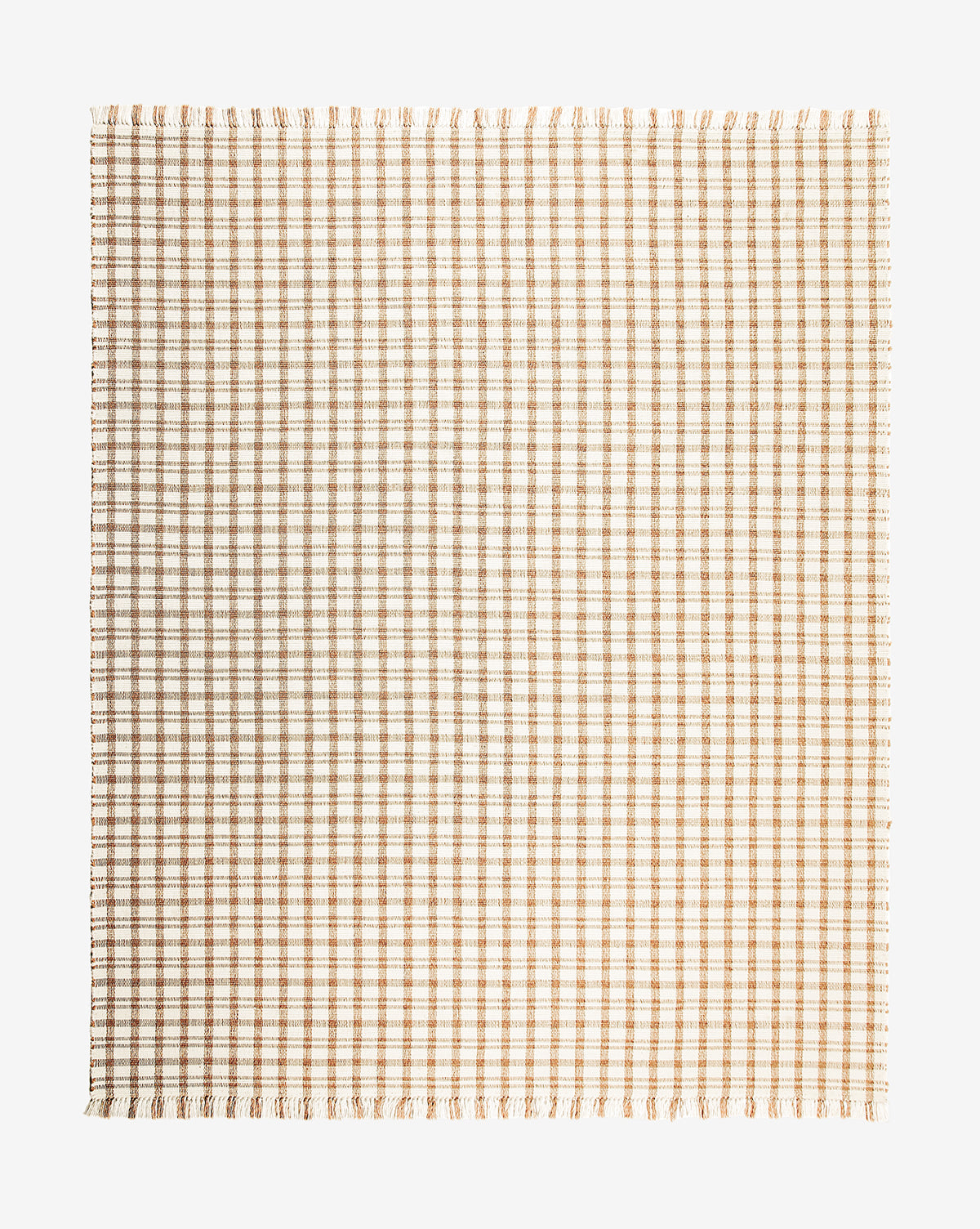 The Amherst Handwoven Indoor/Outdoor Rug features a square shape with a simple beige and white checkered pattern and short fringes along the edges, shown on a plain white background by McGee & Co.