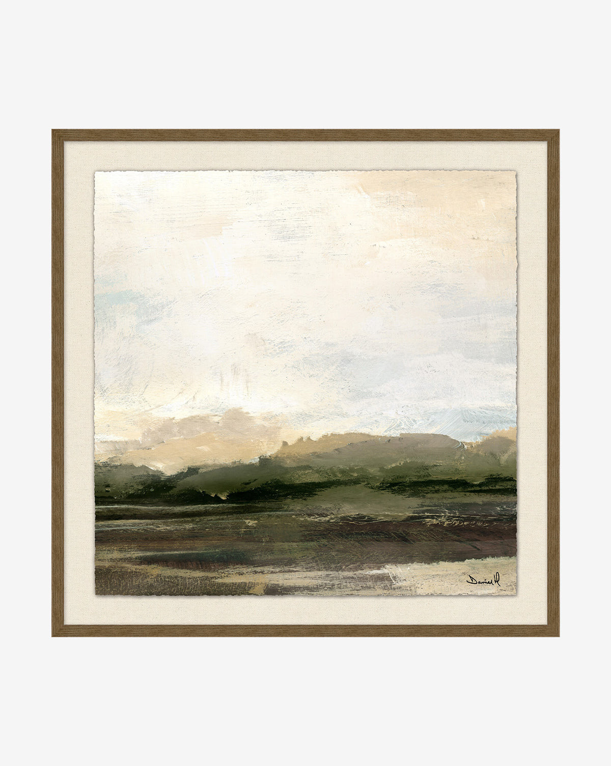 Among the Hills is a framed abstract landscape painting featuring soft, muted colors on hand-deckled paper. Gentle earthy green hills under a pale, cloudy sky create a serene atmosphere. Signed in the bottom right corner.