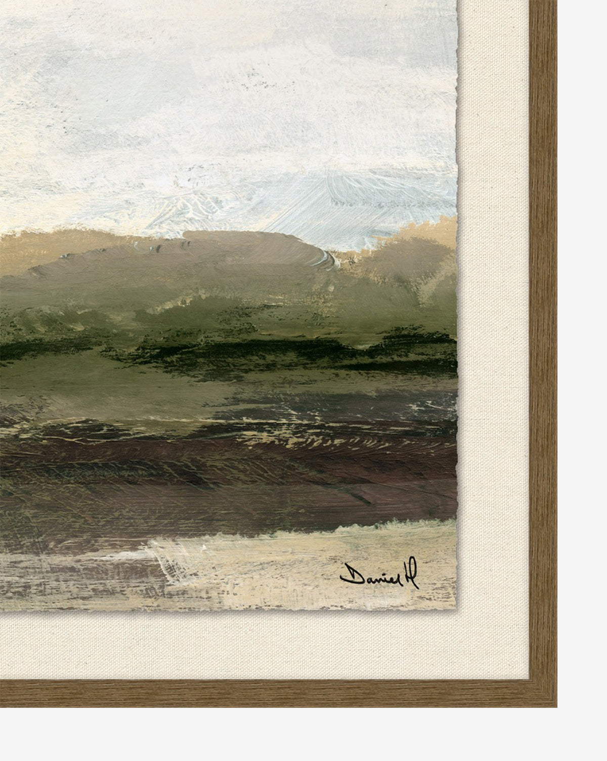 A close-up of Among the Hills, a framed abstract landscape by Daniel, features textured green, brown, and beige brushstrokes. Giclee printed on museum-quality hand-deckled paper with the artists signature in the bottom right corner.