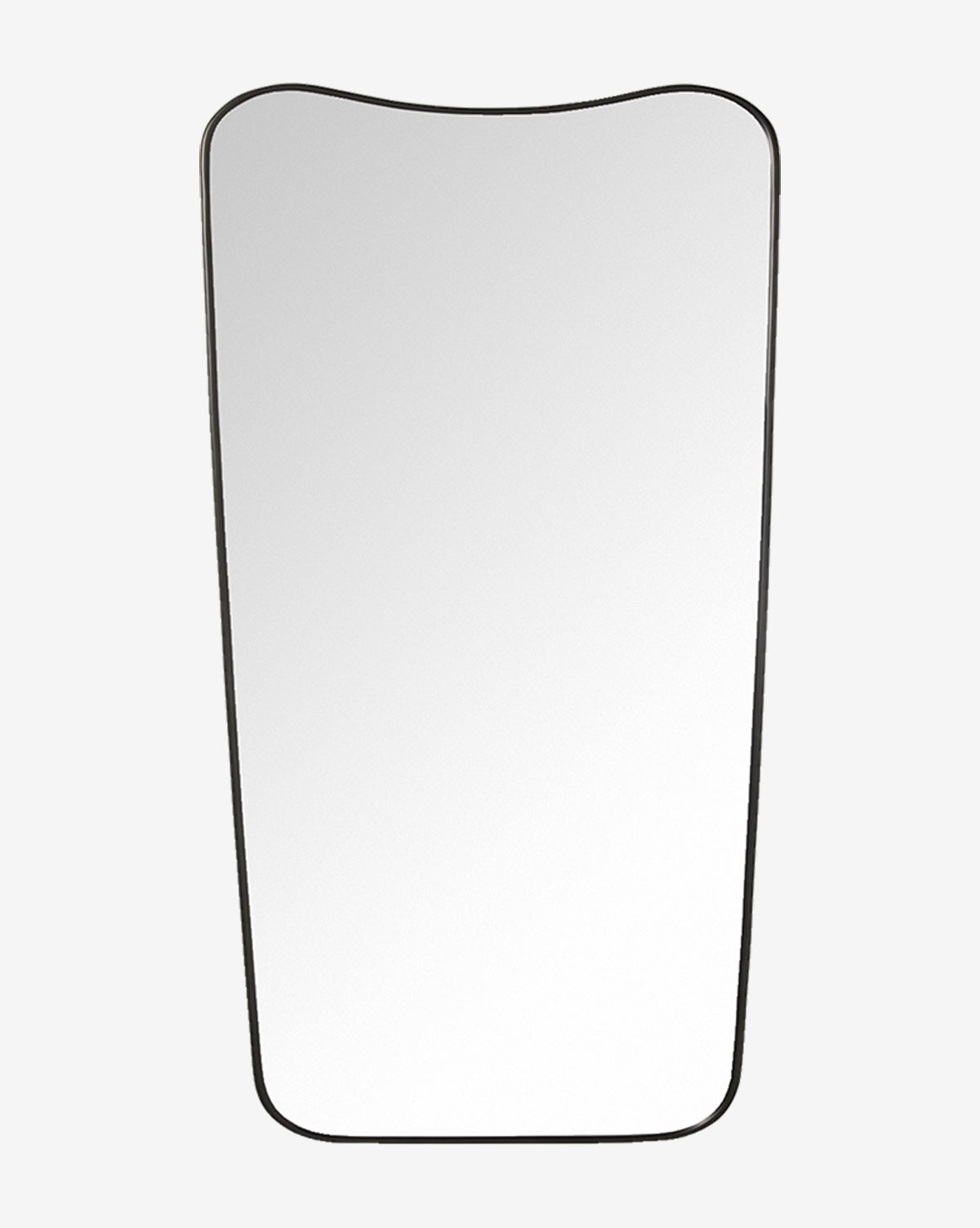 The Anastasia Wall Mirror features a tall, rectangular design with slightly curved edges and a thin black metal frame, shown here against a plain white background by McGee & Co.