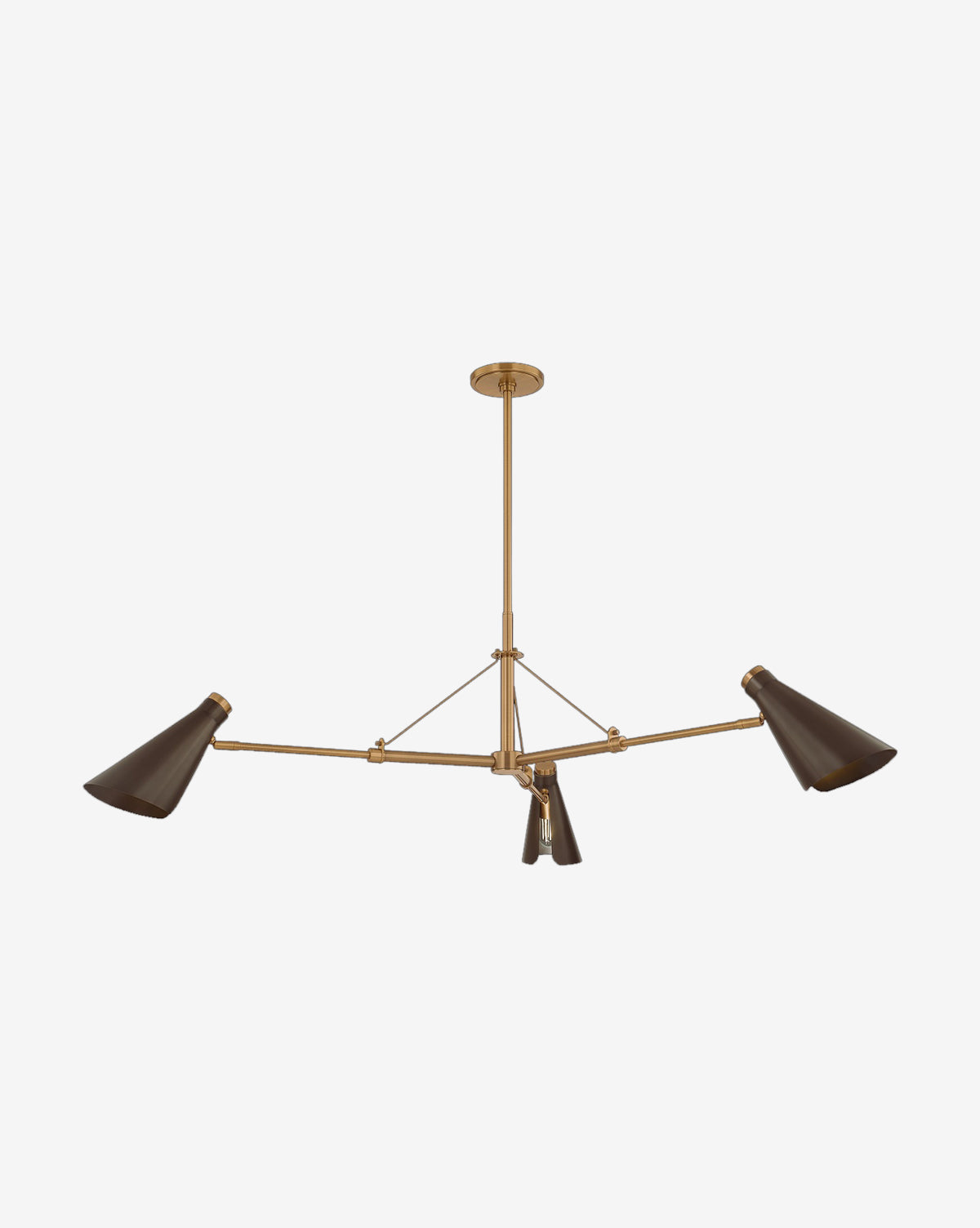 The Andersen Chandelier by Troy Lighting features a bronze-finished steel frame and three adjustable black cone-shaped shades, elegantly suspended from the ceiling by a central rod. McGee & Co.