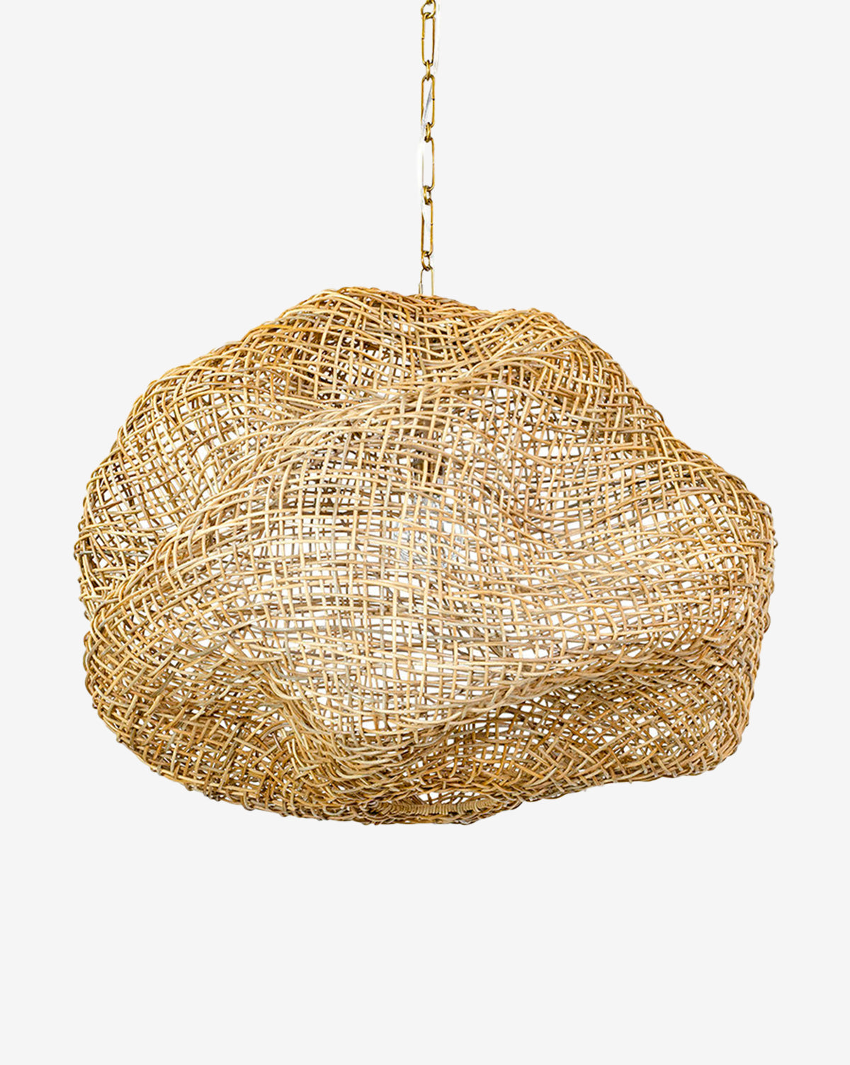The Andorra Wicker Pendant, with its abstract cloud-shaped rattan design, hangs gracefully from a gold chain, highlighting organic lighting and natural texture against a plain white background, by McGee & Co.