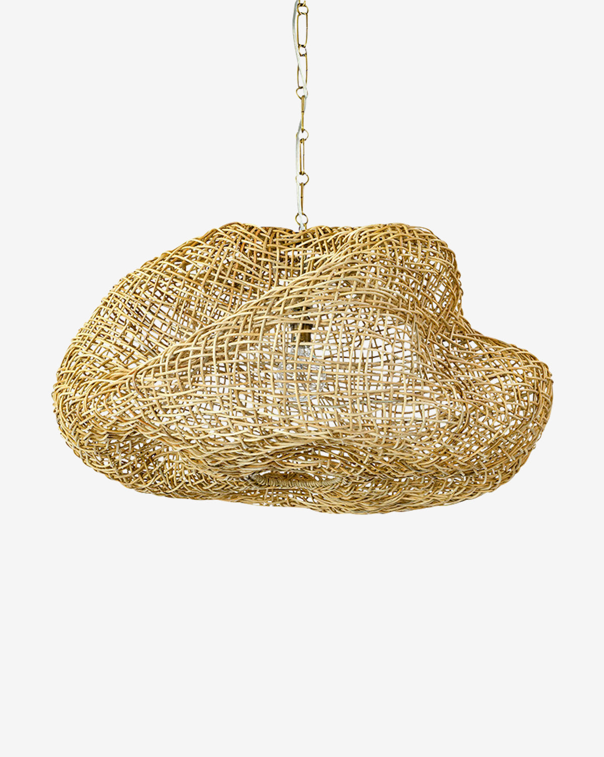 The Andorra Wicker Pendant by Palecek features an abstract cloud-shaped rattan open weave design and hangs from a metal chain, highlighting its organic texture against a plain white background. McGee & Co.