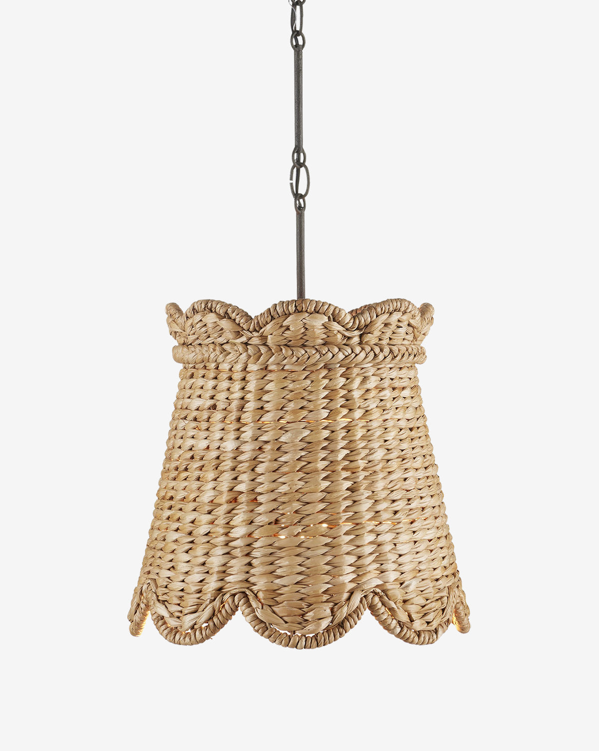 The Annabelle Woven Pendant by Currey & Co. features a scalloped-edge shade, handwoven from water hyacinth and suspended by a metal chain—an elegant artisan light showcased against a white background, available at McGee & Co.