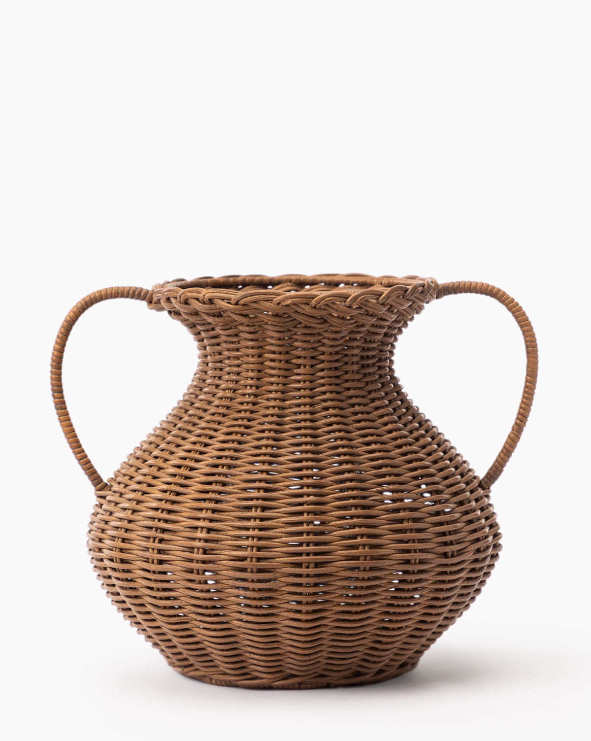The Antonia Woven Vase features a large, brown design with a rounded body, narrow neck, flared rim, and two curved handles on each side, shown against a plain white background.