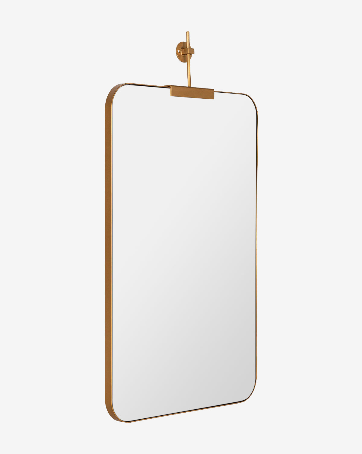 Modern and elegant, the Anwen Wall Mirror features a rectangular shape with rounded corners and a gold metal frame. It hangs gracefully from a gold mounting bracket against a plain white background, by McGee & Co.