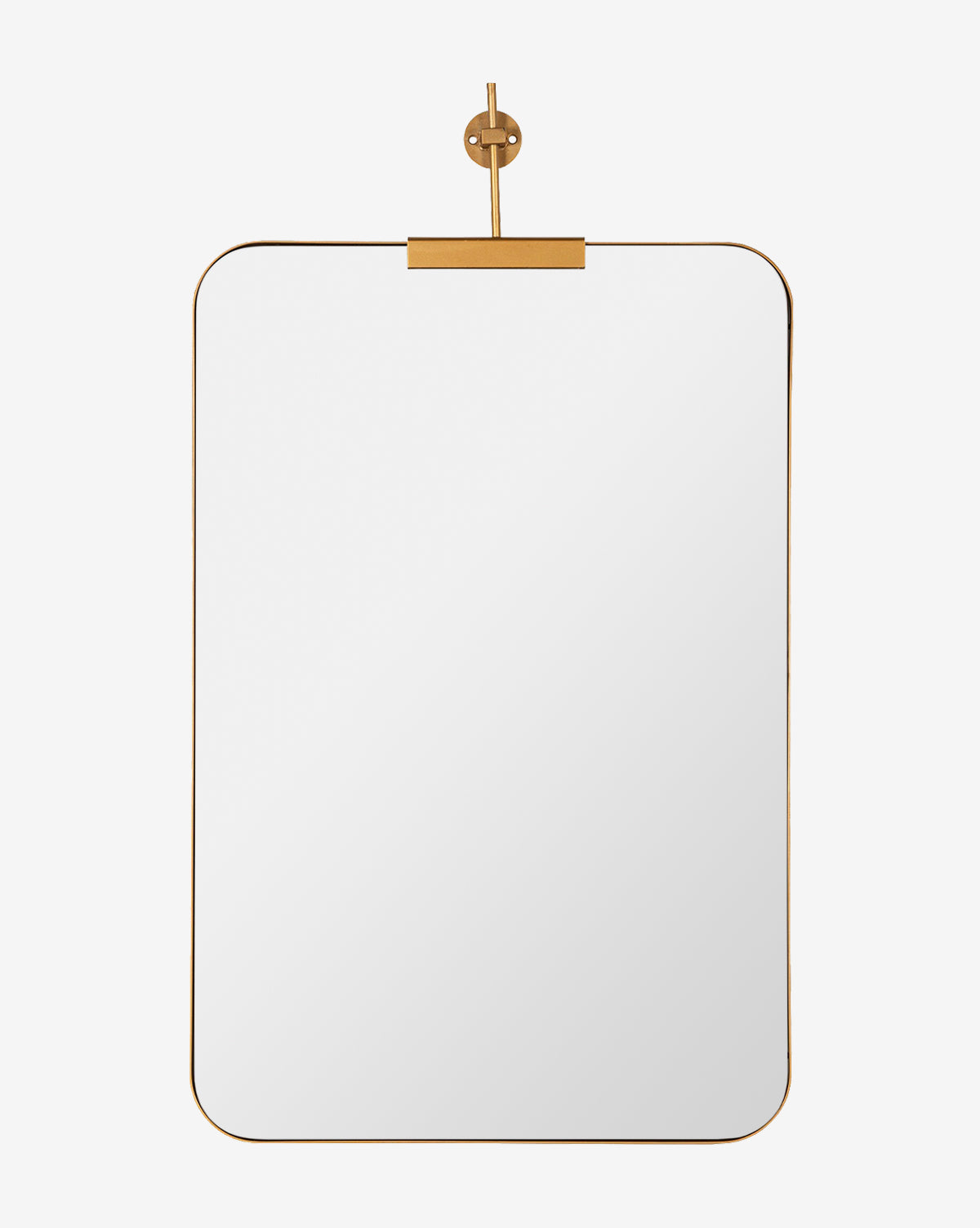 The Anwen Wall Mirror is a modern, rectangular mirror with rounded corners and a gold frame, mounted vertically on a gold wall mount against a plain white background by McGee & Co.