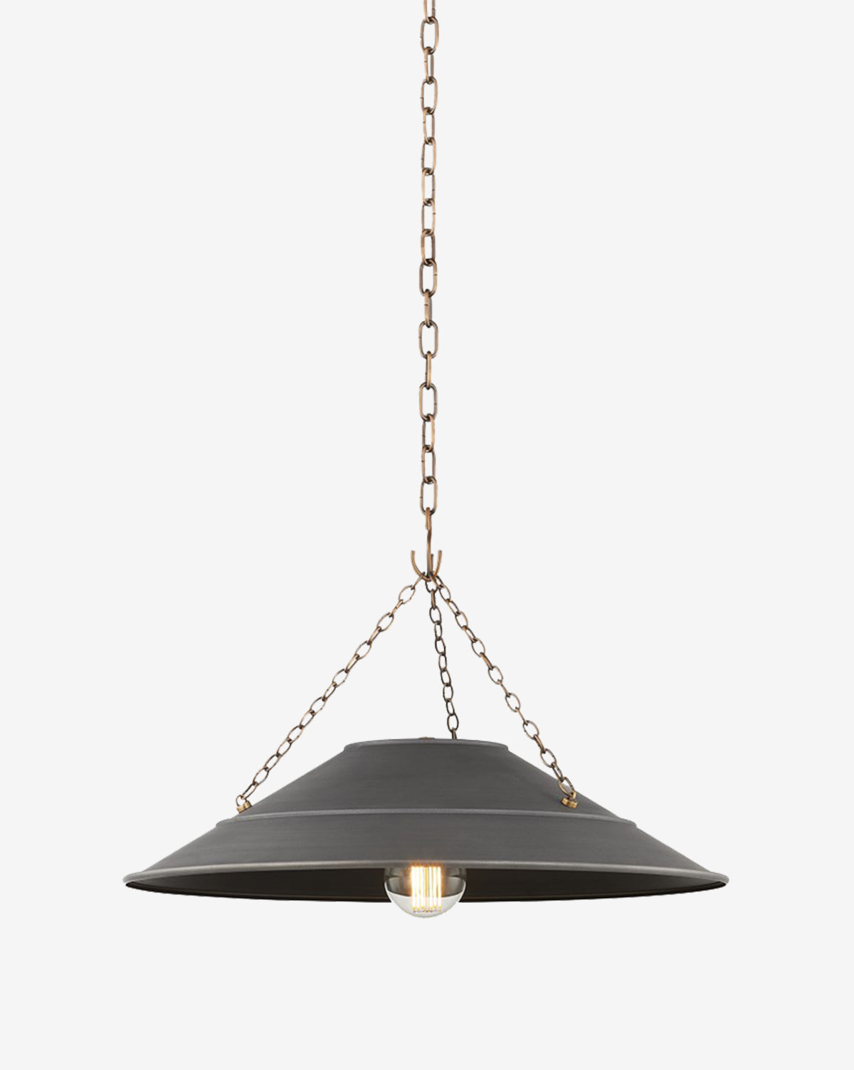 The Arcane Pendant is a black pendant light featuring a wide brim, visible bulb, and an aged brass chain, shown against a plain white background by McGee & Co.