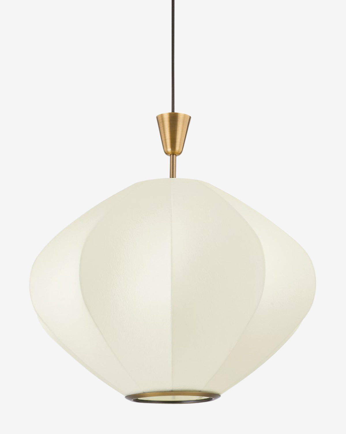 The Arden Pendant displays a modern lantern style, showcasing a white sculpted shade hanging from a black cord with a patina brass fixture, all set against a plain white background, by McGee & Co.