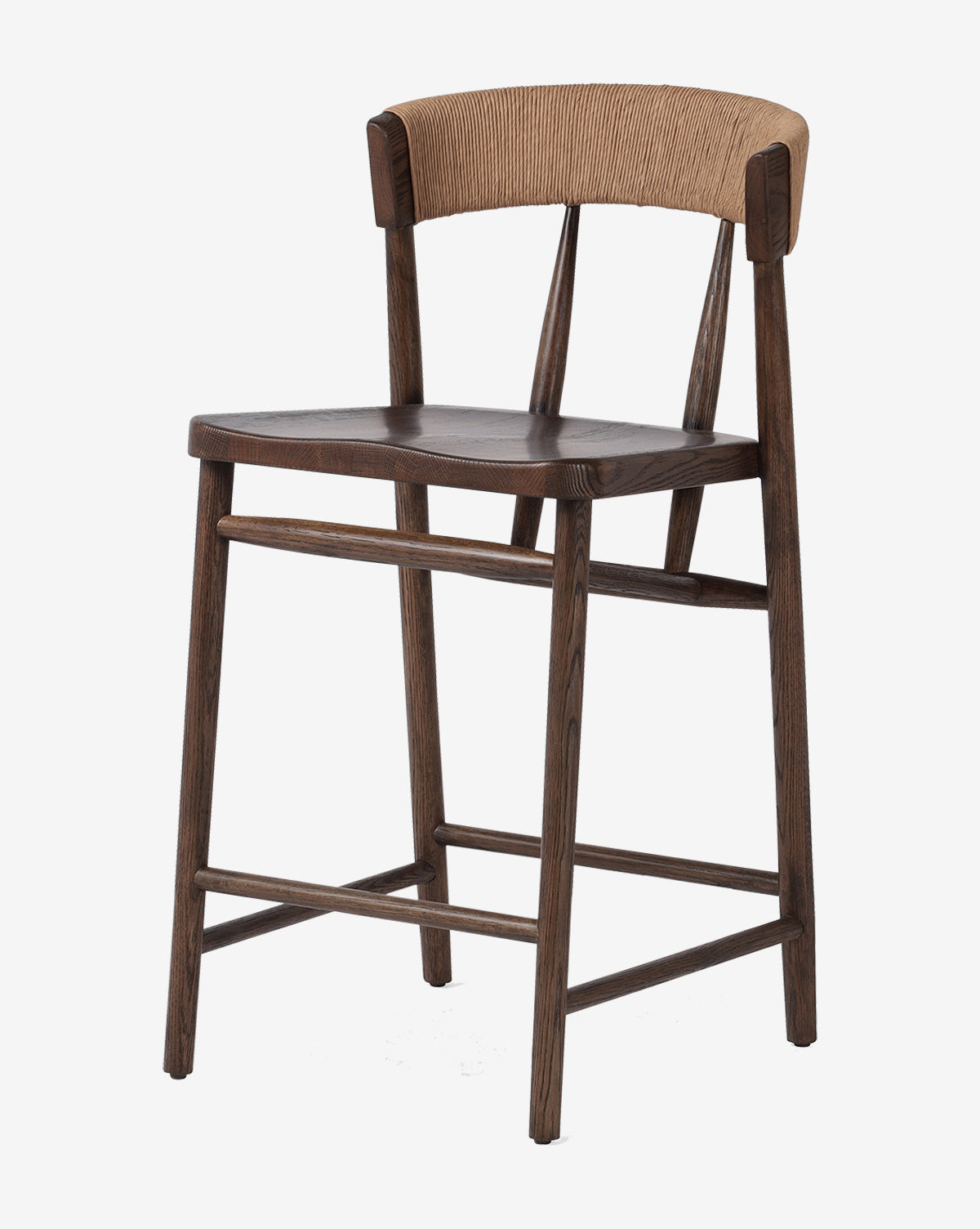The Ardent Stool by Four Hands features a modern wooden design with dark wood seat and legs, plus a curved, light tan woven natural paper rush backrest for minimalist style. McGee & Co.
