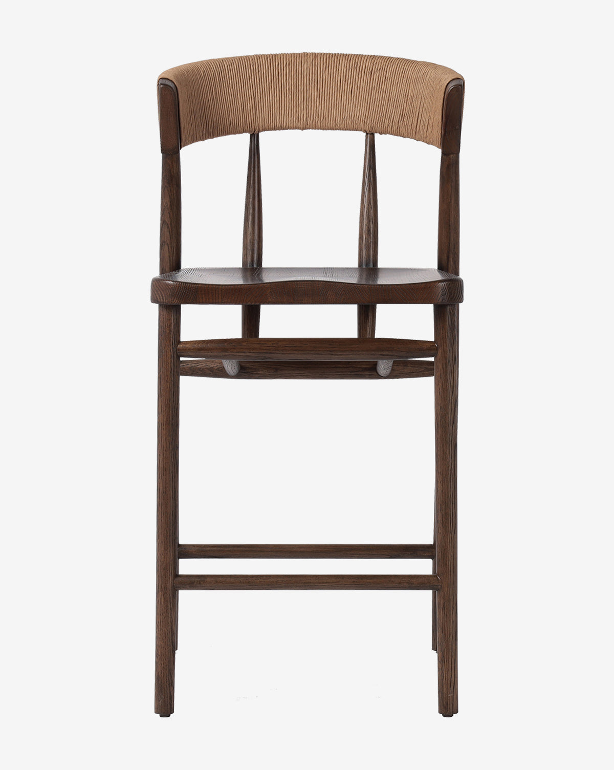 Front view of the Ardent Stool by Four Hands, featuring an oak frame, woven natural paper rush backrest, and two vertical slats connecting the seat to the curved back. McGee & Co.