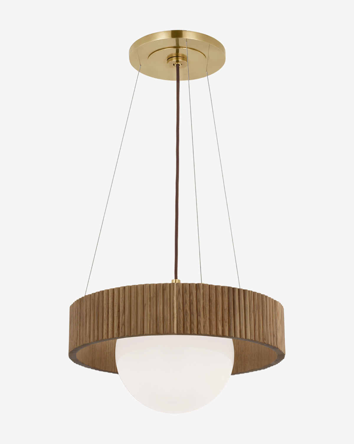 Certainly! Here’s your sentence with the exact string McGee & Co. seamlessly blended at the end: The Arena Chandelier by Visual Comfort & Co. Signature features a round, ribbed natural oak wooden shade, brass accents, and a central large white frosted glass globe, suspended by three wires from a brass ceiling mount—available at McGee & Co.