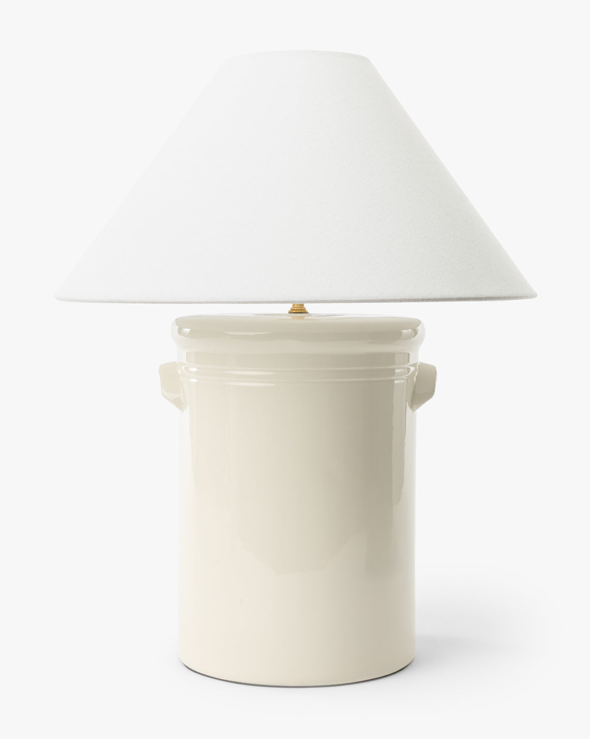 The Arles Table Lamp showcases a cream ceramic base with minimalist handles and a wide white conical shade, making it an elegant addition to your home lighting, by McGee & Co.