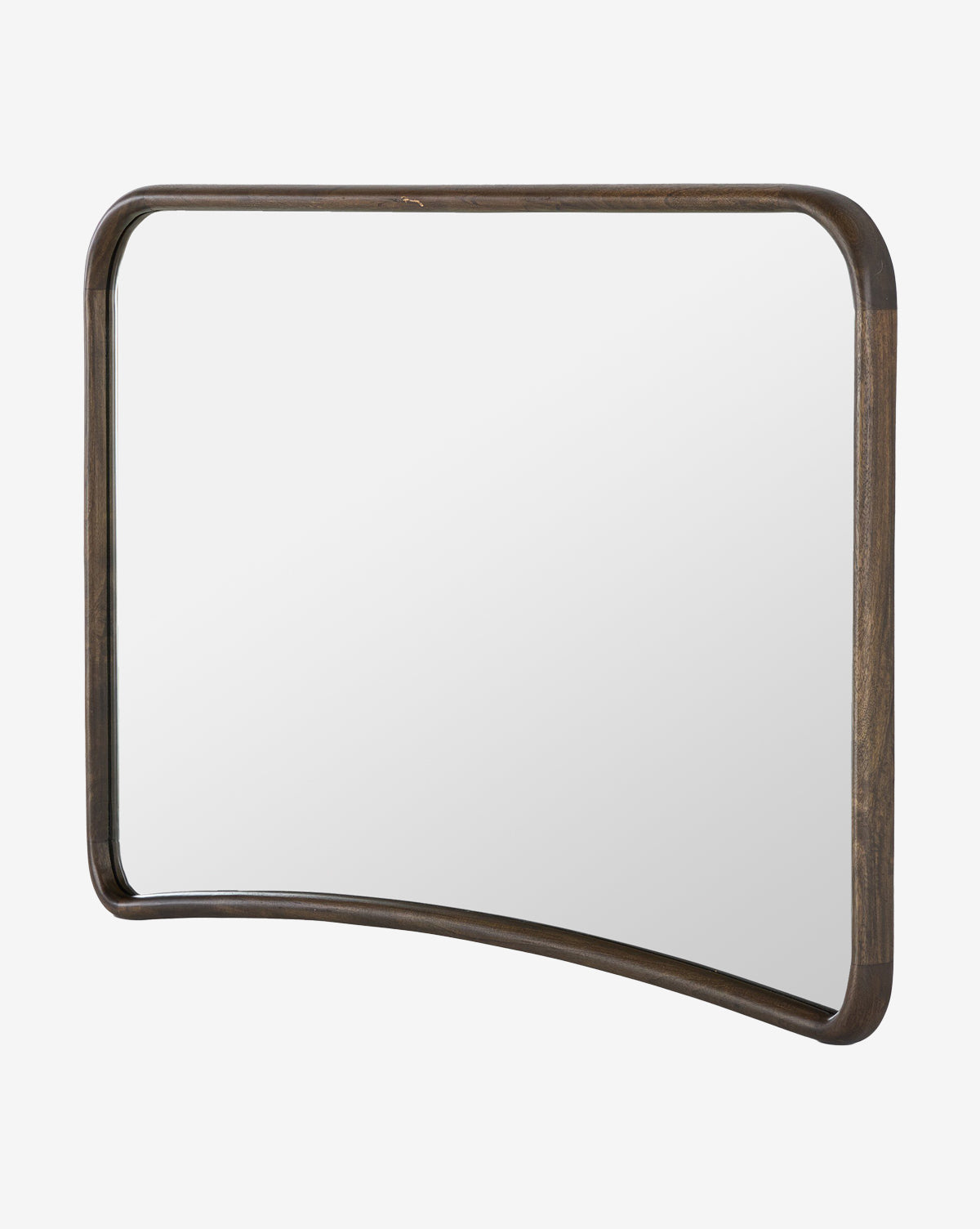The Arvid Wall Mirror features a rectangular solid mango wood frame in an aged brown finish, with rounded corners and a subtly curved bottom edge, by McGee & Co. Set against a plain white background.