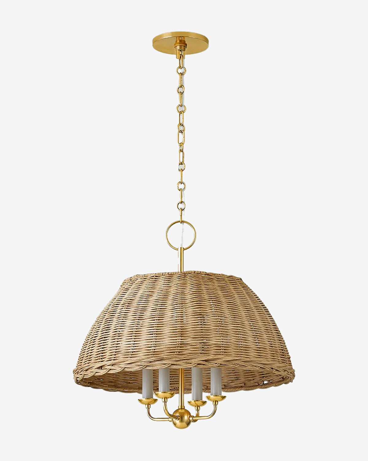 The Arwen Chandelier by Hudson Valley Lighting features a woven rattan dome shade, gold chain and fixture, and four candle-style bulbs—combining natural texture and modern elegance to warm any space. McGee & Co.