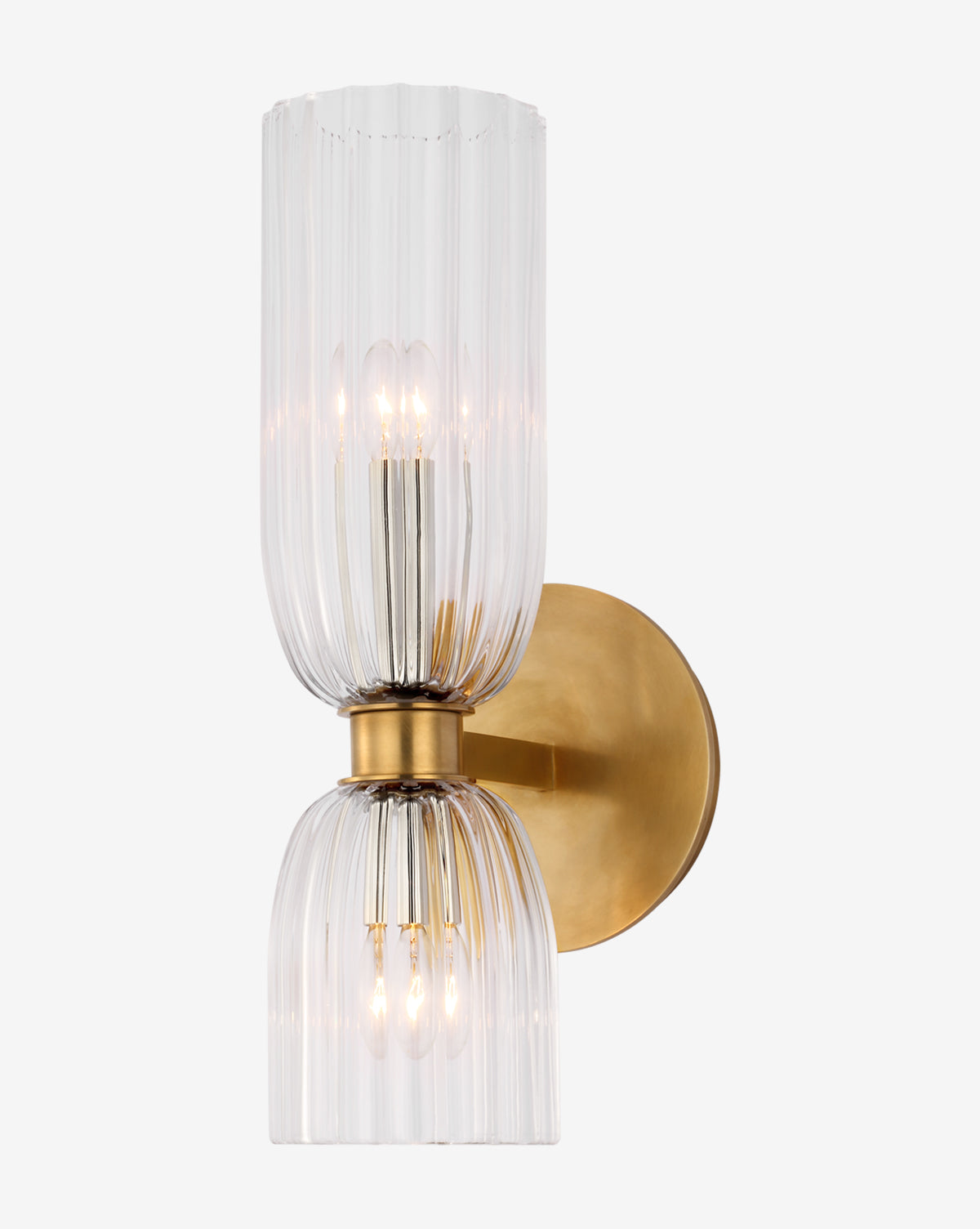 The Asalea Sconce by Visual Comfort & Co. Signature showcases a round brass base and two vertically stacked fluted glass shades for elegant up and down lighting, with visible bulbs accenting the white background. McGee & Co.