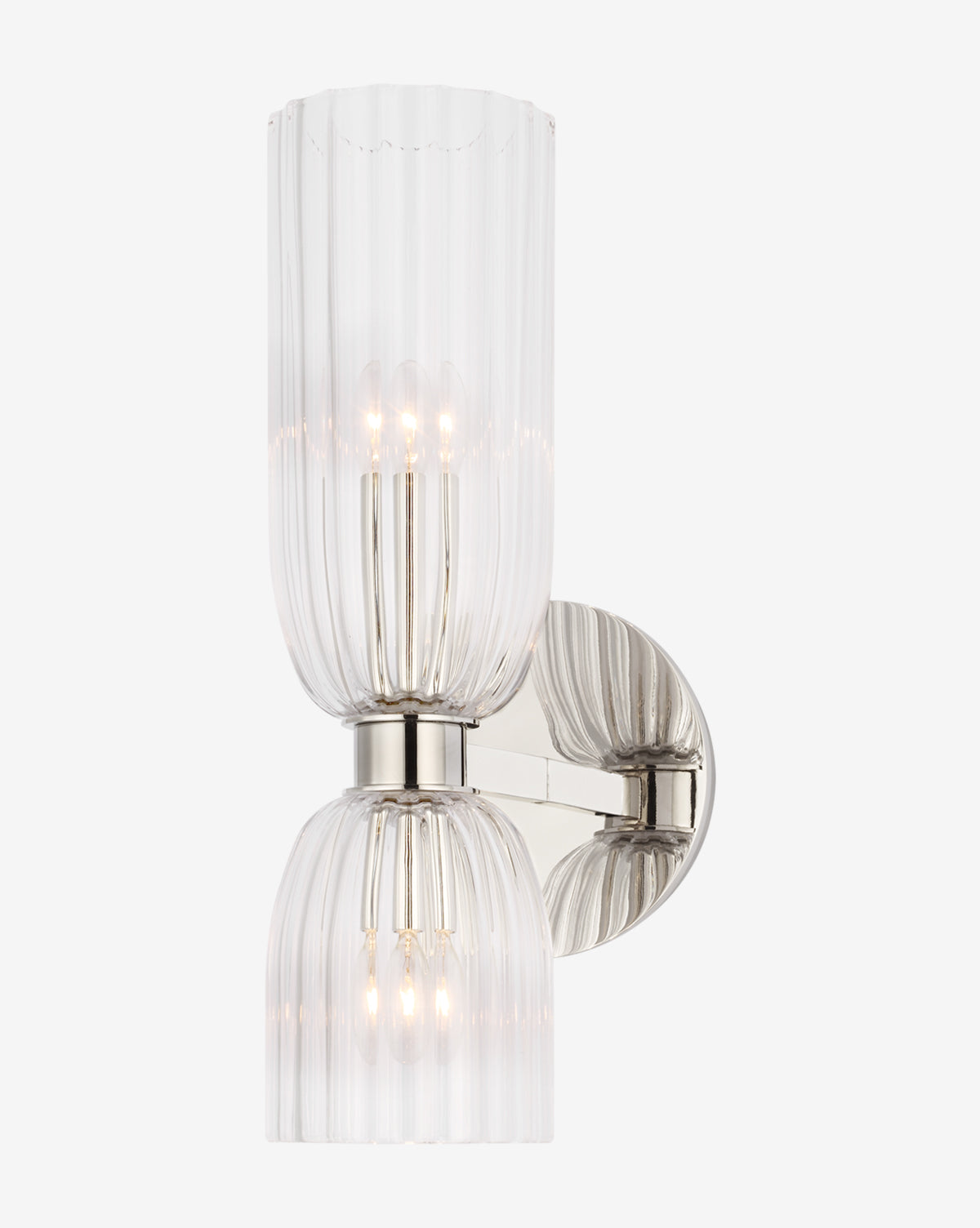 The Asalea Sconce is a modern wall fixture with two vertically aligned fluted glass shades on a polished metal base, providing up and down lighting, each shade housing a bulb that creates elegant illumination, by McGee & Co.