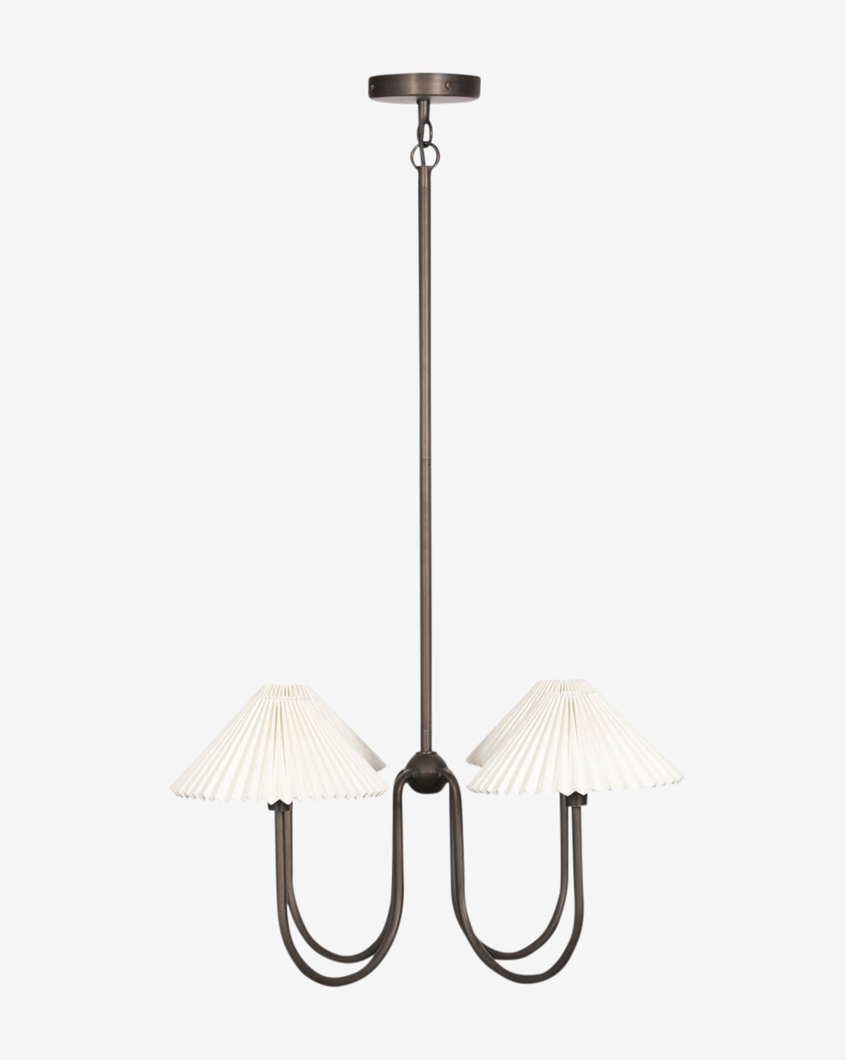 The Ashby Chandelier by Four Hands features two modern black arms with pleated white linen shades, suspended from a ceiling mount by a straight rod, shown against a plain white background. McGee & Co.