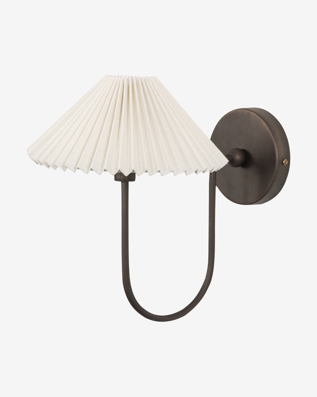 The Ashby Single Sconce by Four Hands features a dark oil-rubbed bronze U-shaped metal arm, round base, and a white pleated linen shade by McGee & Co.
