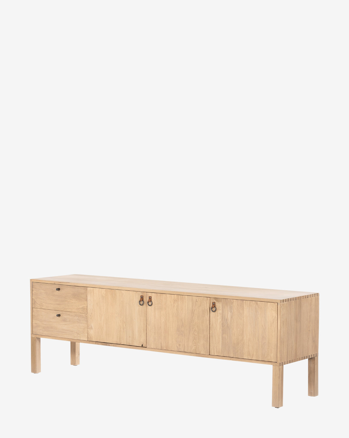 The Ashlen Console is a solid poplar sideboard in light wood, featuring two left drawers and two cabinet doors with metal handles, set on four straight legs against a plain white background by McGee & Co.