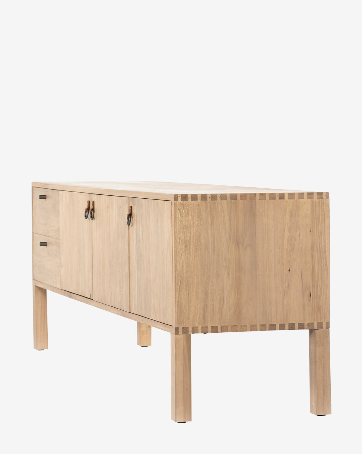 The Ashlen Console is a light wood sideboard crafted from solid poplar, featuring two left drawers and two central doors. Its minimalist, Shaker-inspired design includes dovetail joints and stands on four straight legs by McGee & Co.