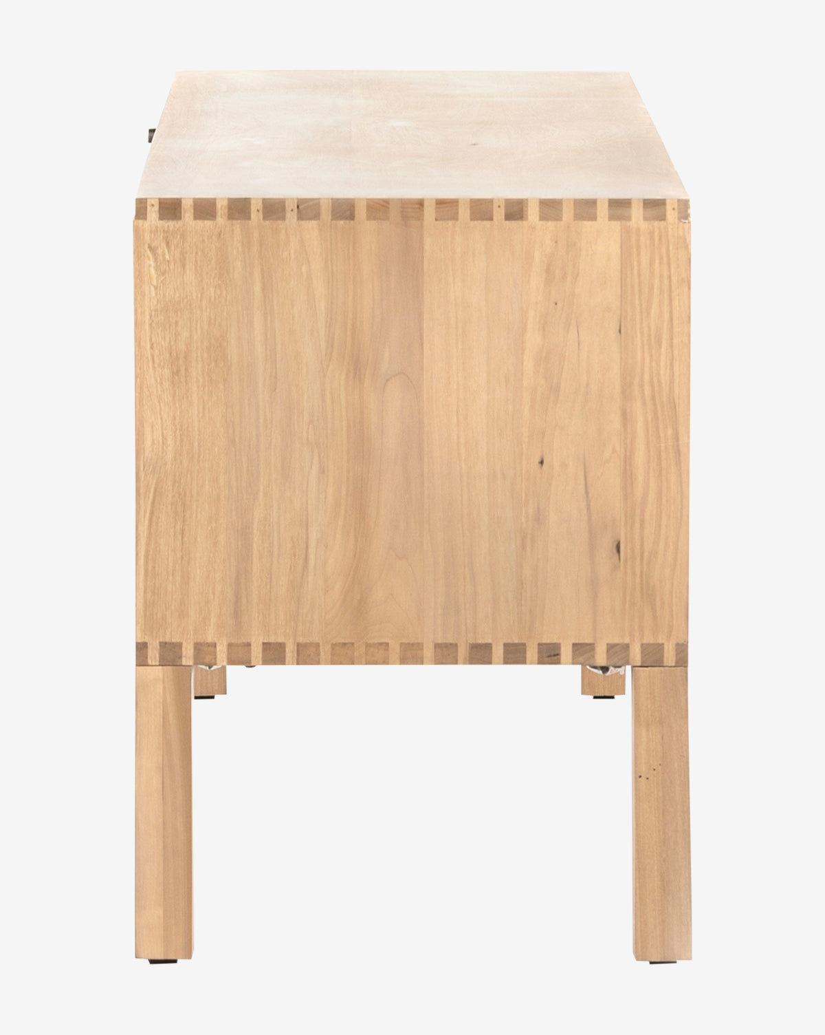 The Ashlen Console is a rectangular table made of solid poplar with a natural wood finish, straight legs, and visible dovetail joints, shown from the short side against a plain white background by McGee & Co.