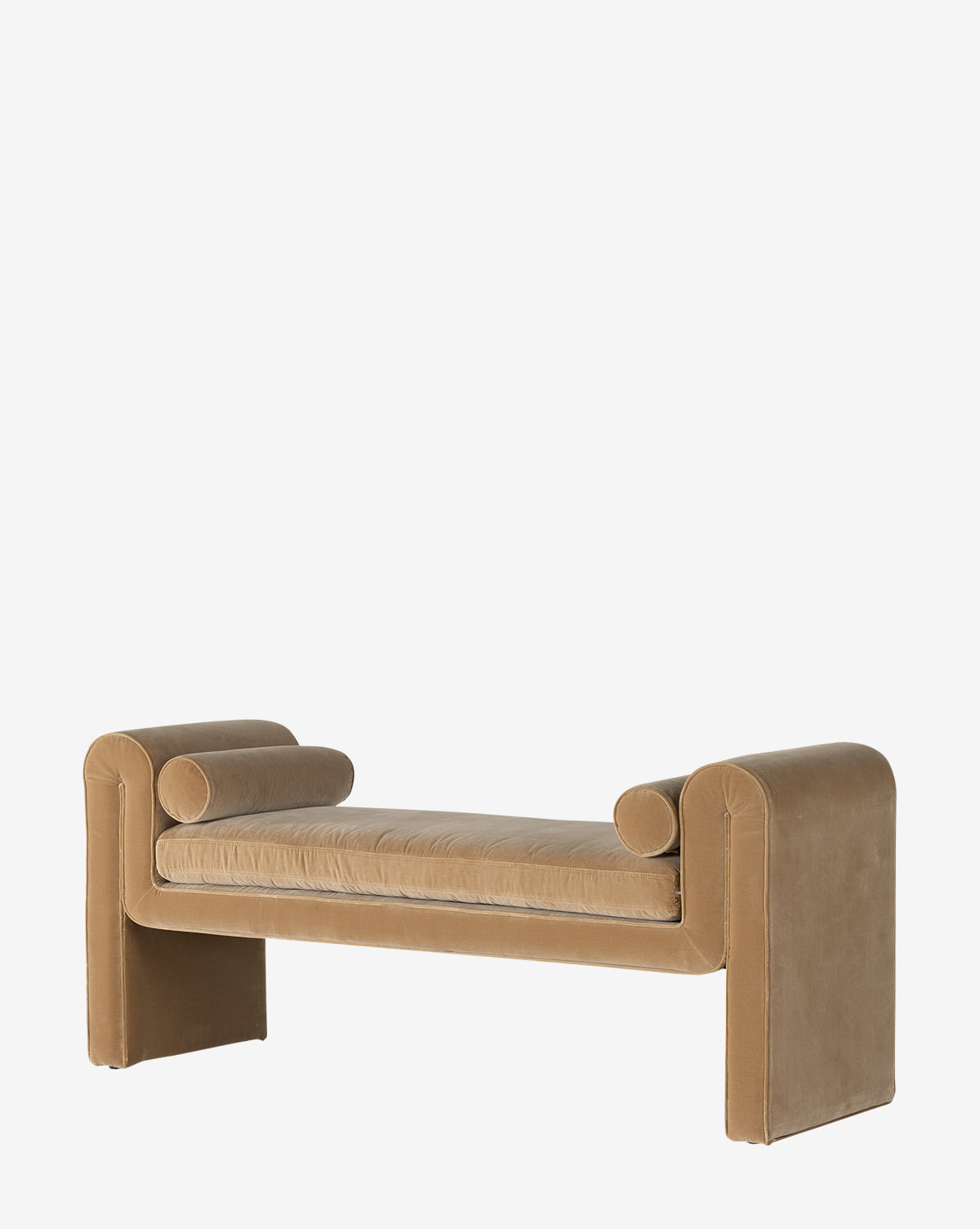 The Ashlyn Bench features a modern, minimalist design with a tan upholstered seat and rounded armrests, set against a clean white background, by McGee & Co.