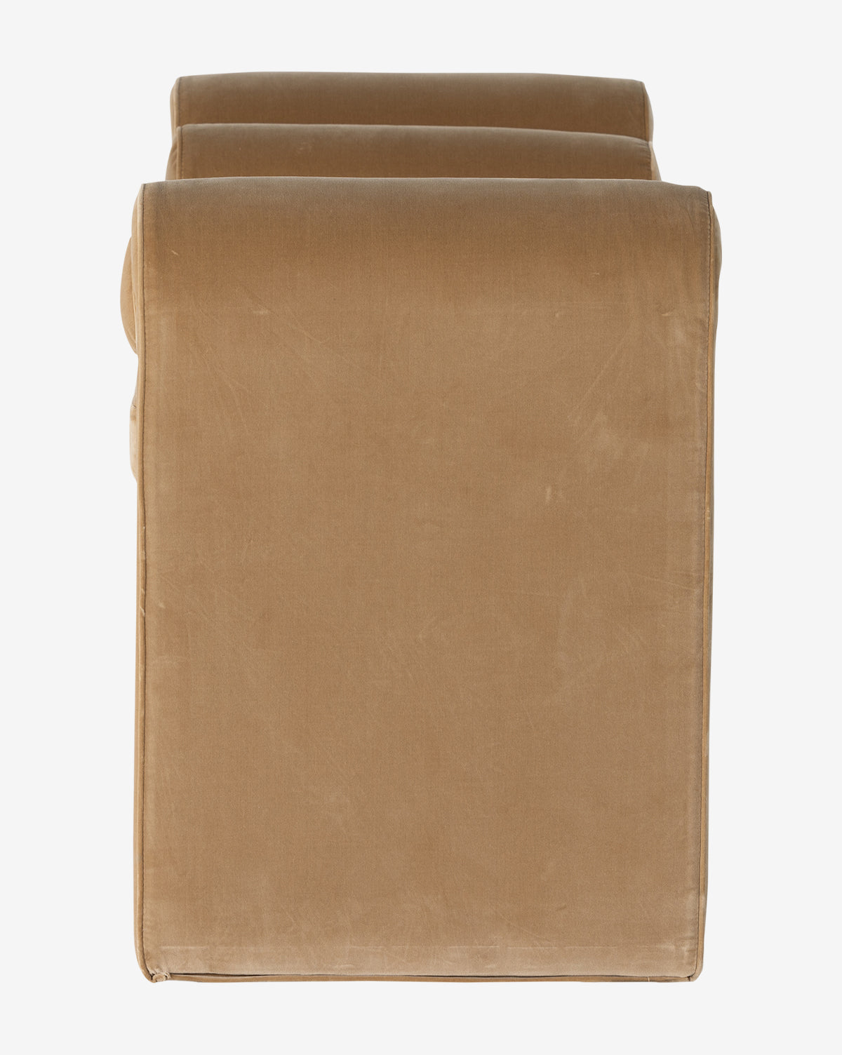 A top-down view of a tan upholstered armchair with a smooth, velvety texture, showing the seat cushion and armrests. Pairs well with the Ashlyn Bench, making it ideal for contemporary interiors by McGee & Co.