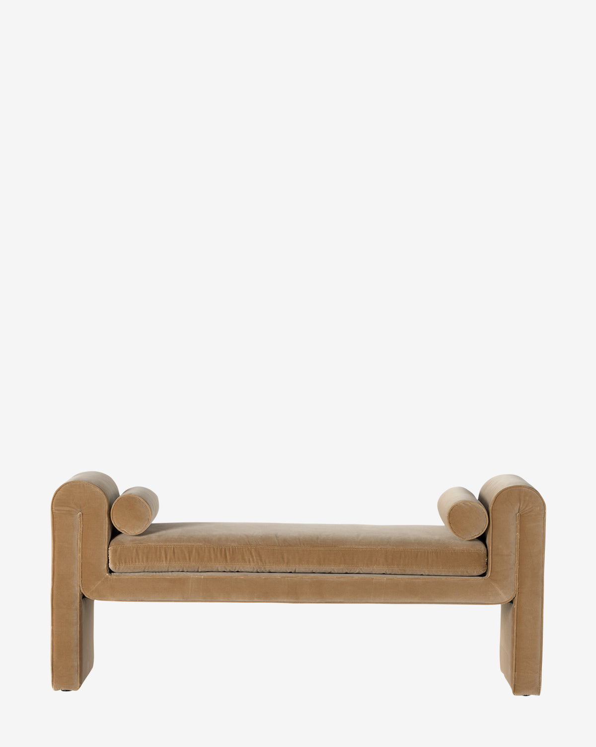 The Ashlyn Bench by Four Hands is a tan upholstered bench with curved armrests, two cylindrical cushions, and rectangular legs in a minimalist design, shown against a plain white background, McGee & Co.