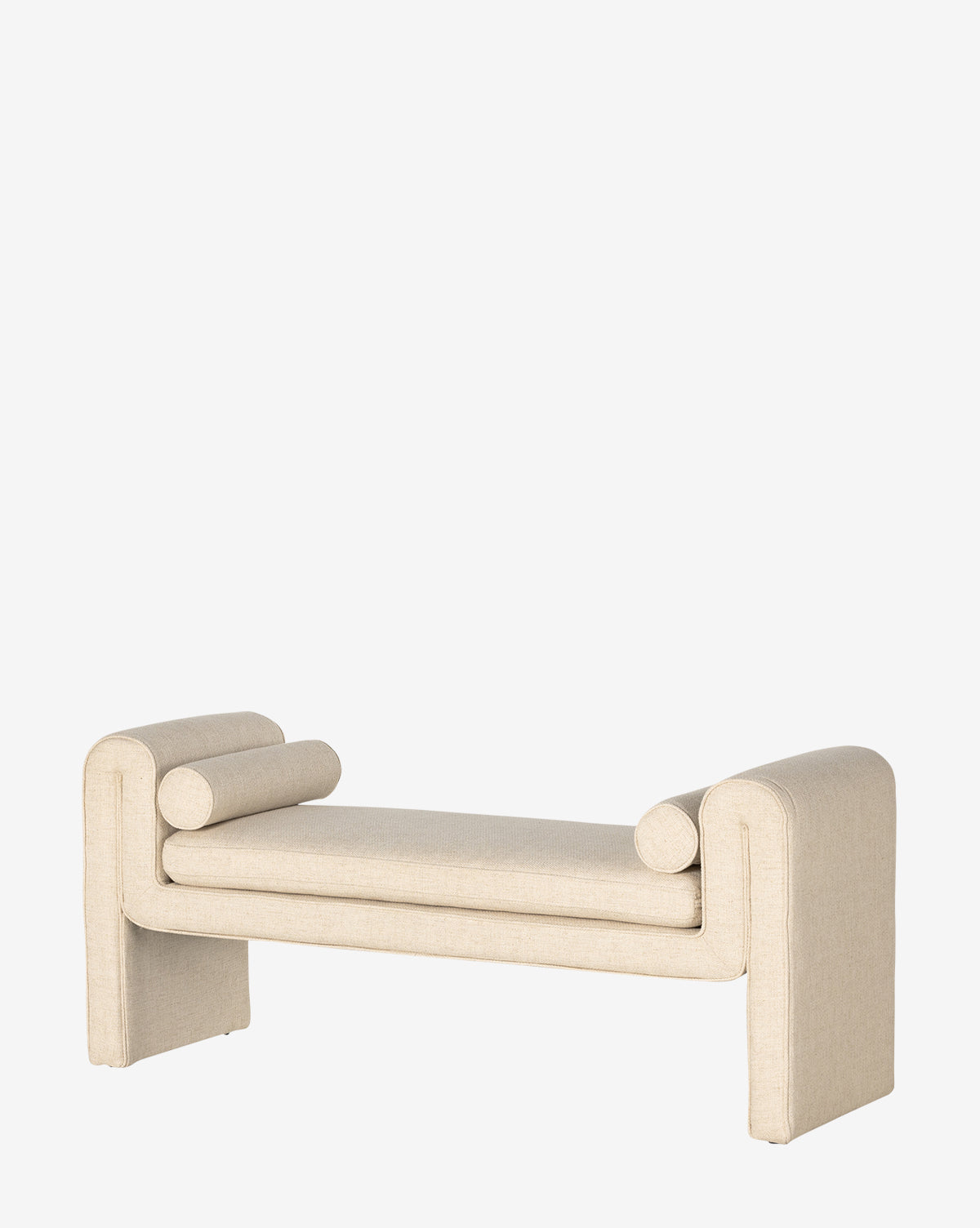The Ashlyn Bench showcases a modern design with beige upholstery, cylindrical side cushions, and thick curved supports, all presented against a plain white background by McGee & Co.