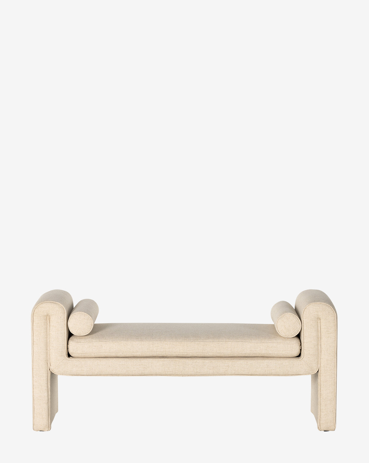 The Ashlyn Bench features a minimalist, modern design with beige upholstery and two cylindrical bolsters at each end, shown on a plain white background by McGee & Co.