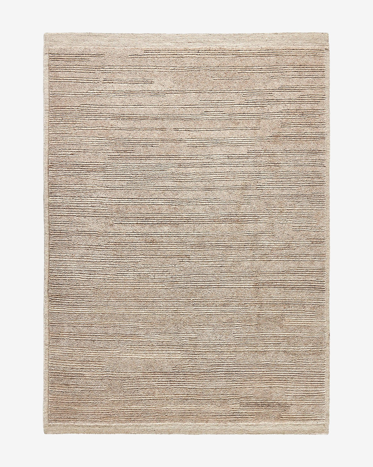 The Ashwin Hand-Knotted Wool Rug is a rectangular beige area rug with a textured horizontal line pattern, offering a soft, woven surface and a simple, modern design in a neutral palette, by McGee & Co.
