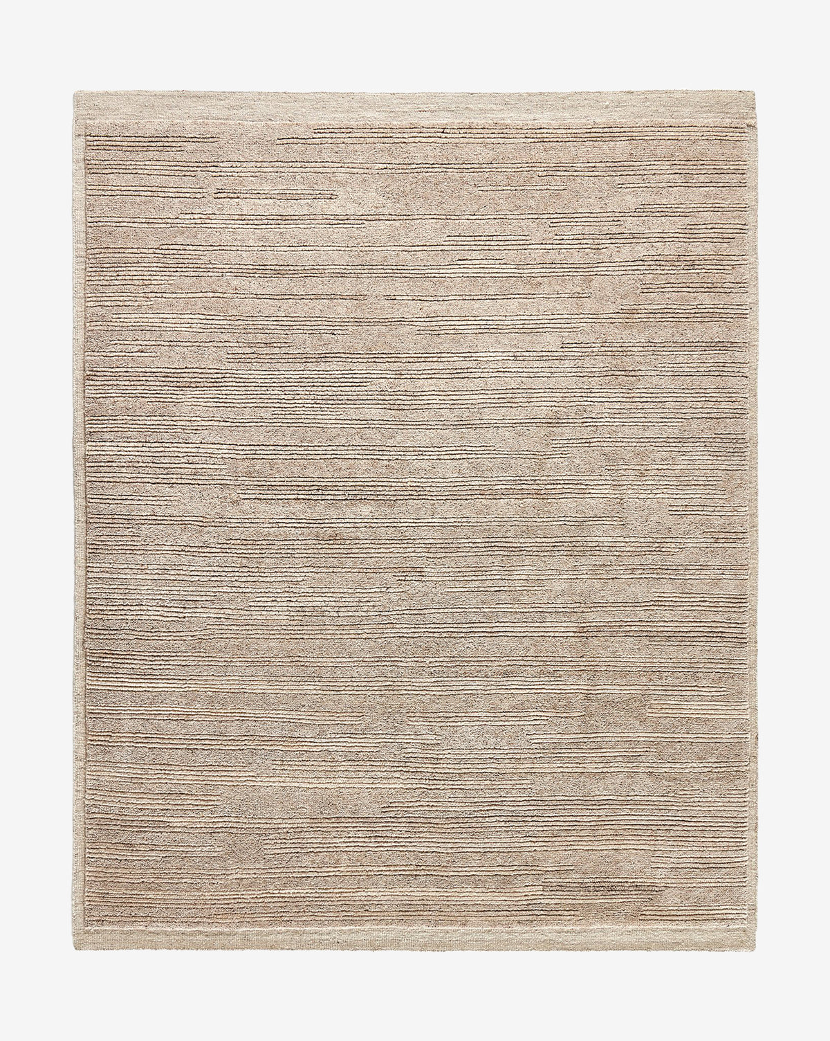 The Ashwin Hand-Knotted Wool Rug is a square beige wool rug with a subtle ribbed texture and horizontal lines, featuring clean edges and a minimalist design—ideal for modern interiors, by McGee & Co.