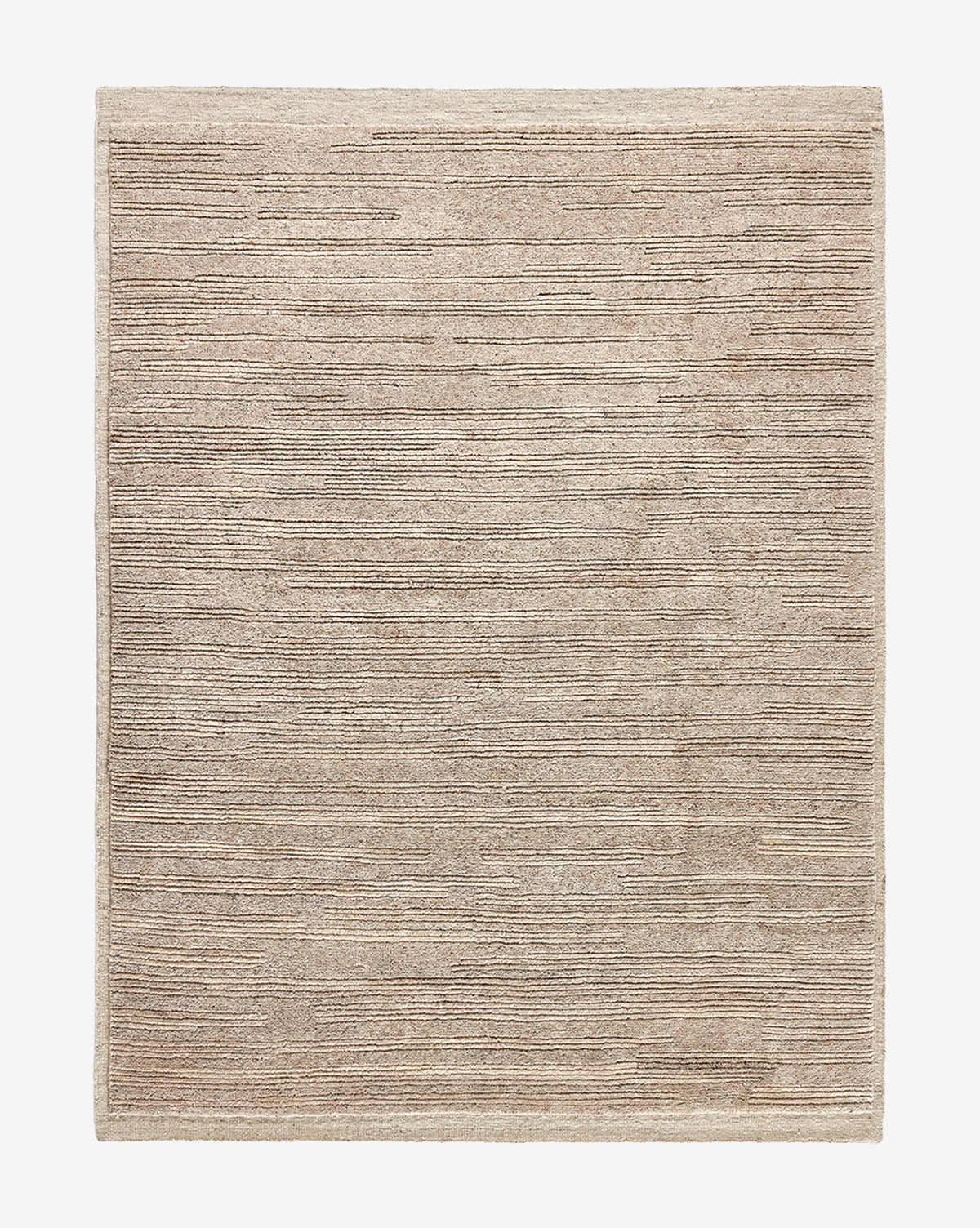 The Ashwin Hand-Knotted Wool Rug is a rectangular beige rug with a subtle linear textured pattern and a simple border, shown on a white background, by McGee & Co.