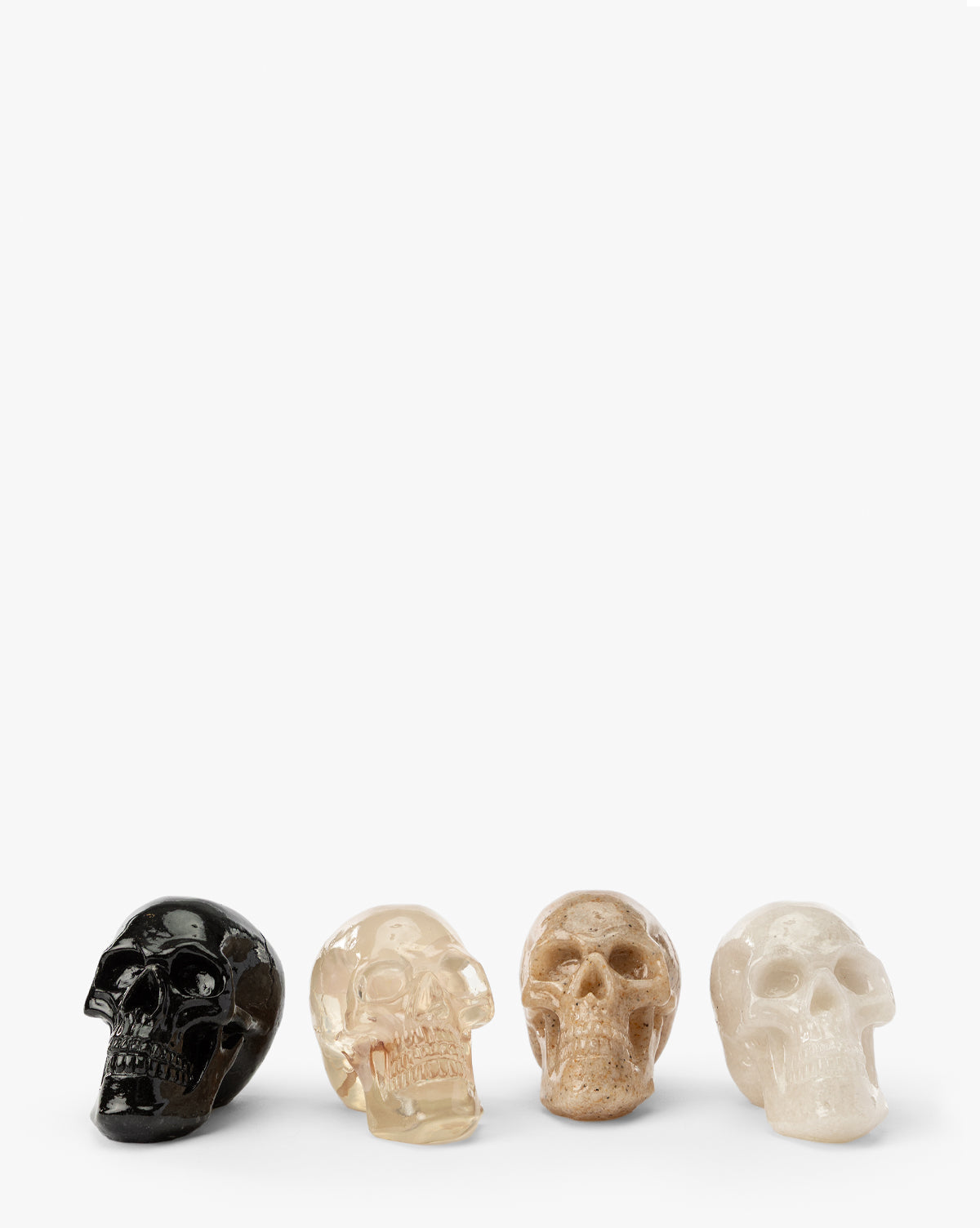 The Assorted Resin Skulls (Boxed Set of 4) features small black, clear, tan, and white skulls arranged in a row—ideal as Halloween decor or as distinctive resin pieces for your collection, displayed on a plain white background by McGee & Co.