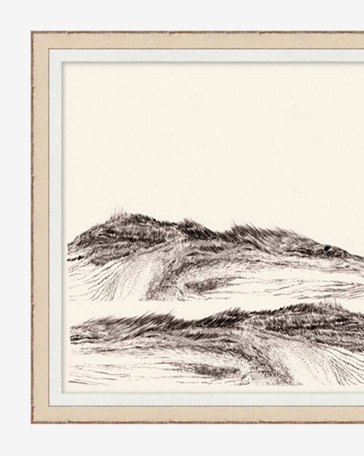 At the Seashore is a framed black and white matte sketch of abstract wavy lines, evoking windswept grass or waves. The light wood frame with a white mat enhances this peaceful shoreline-inspired artwork.