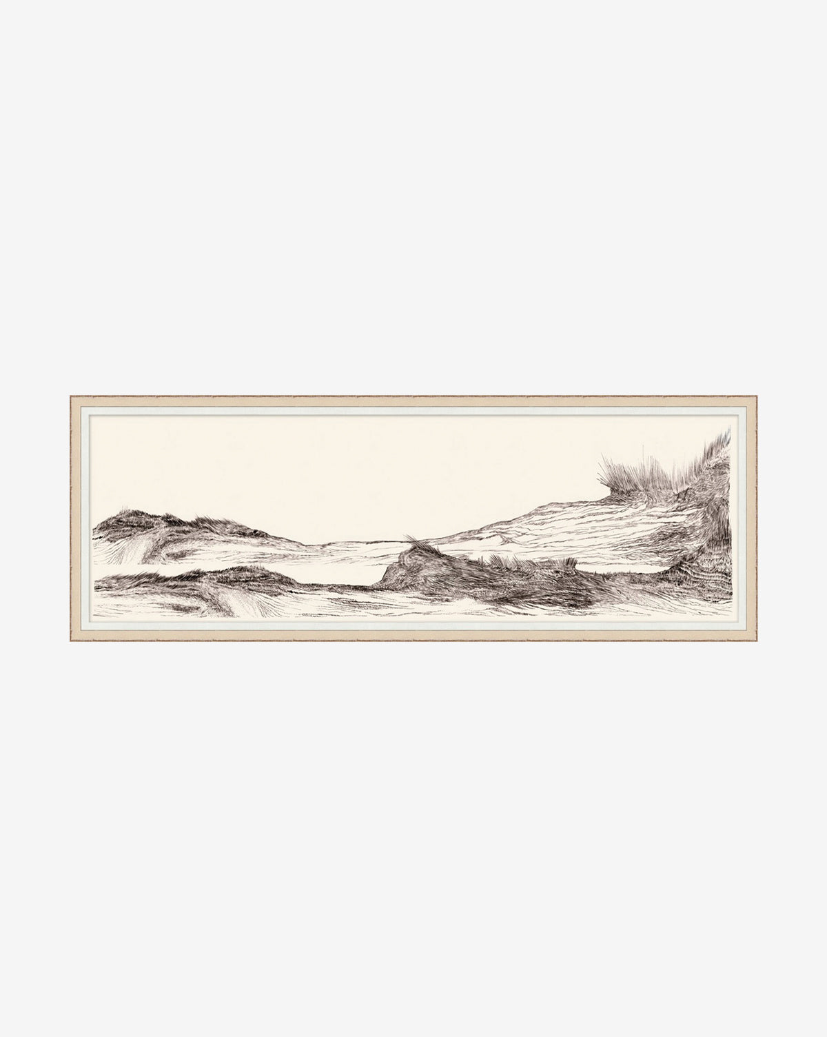 “At the Seashore” is a minimalist black and white landscape drawing in a rectangular frame, featuring rolling hills and grass in simple sketch lines on a plain background, with matte details for a peaceful coastal scene.