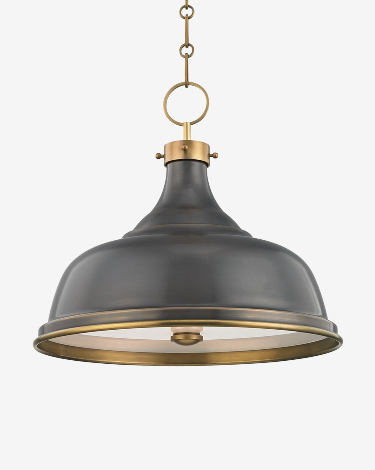 The Atherton Pendant is a modern industrial black metal light with a wide dome shade, highlighted by striking brass accents and a brass chain for hanging, shown against a plain white background by McGee & Co.