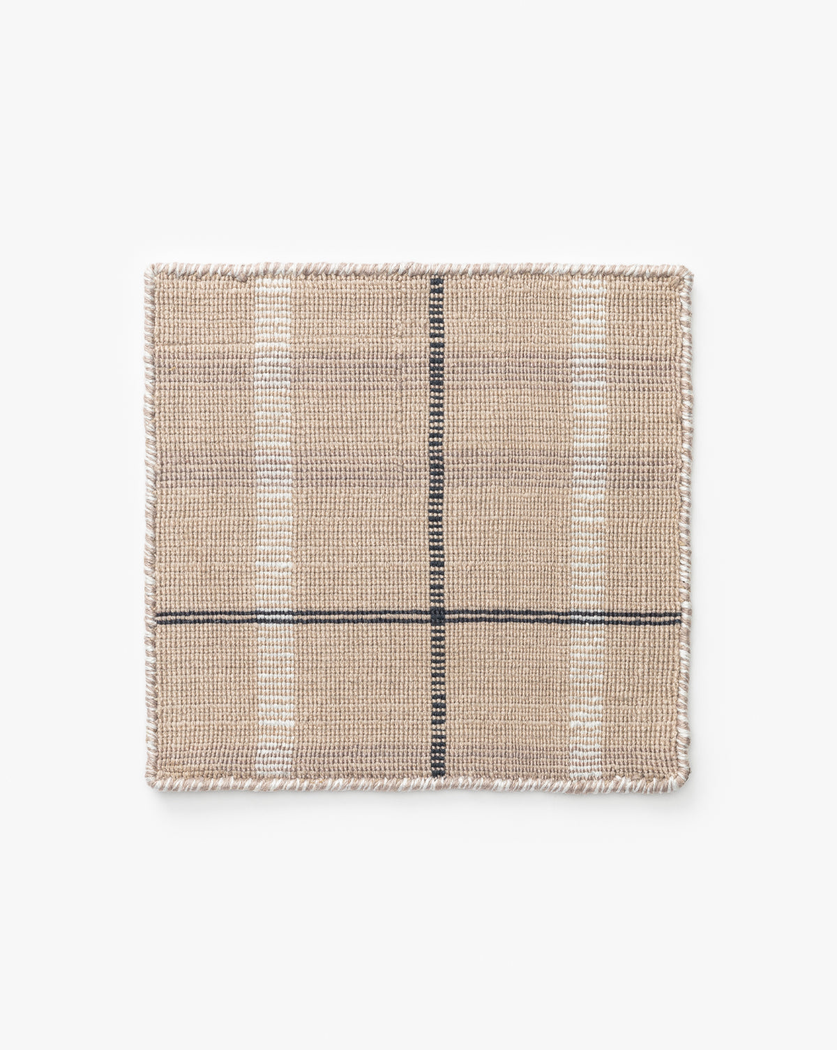 The Augustine Plaid Indoor / Outdoor Rug Swatch is a square beige handwoven rug with a simple plaid design—two thin black intersecting lines, thick white vertical bands, recycled materials, and white stitched edges on a plain background by McGee & Co.