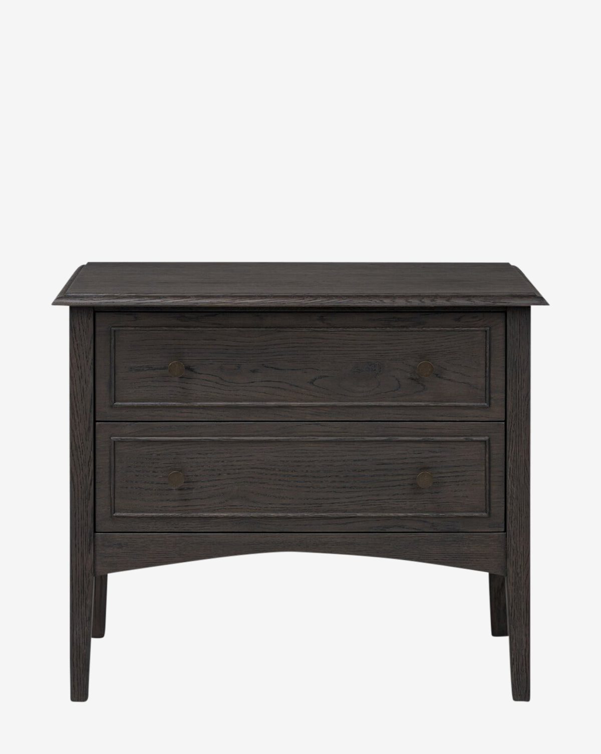 The Aurelian Nightstand features a smoked oak finish, two drawers with round handles, and tapered legs, providing stylish bedroom storage against a plain white background by McGee & Co.