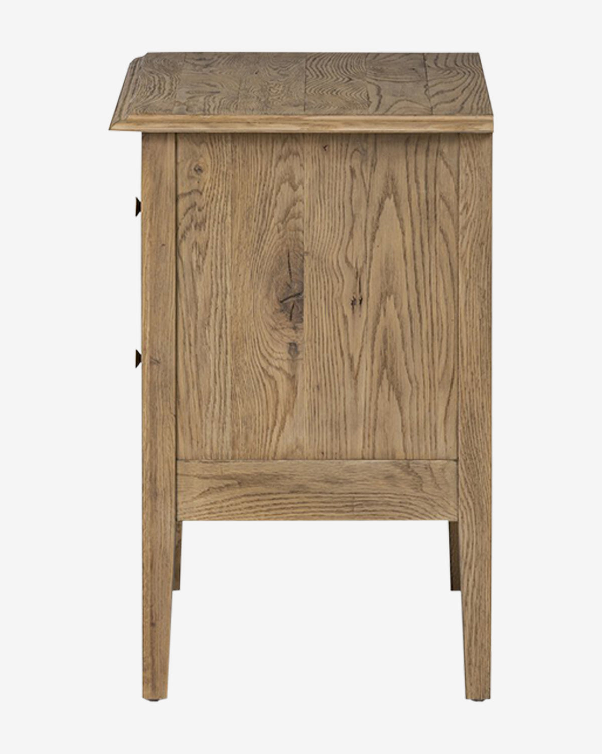 The Aurelian Nightstand features a smoked oak finish and visible wood grain. With four straight legs and a simple, rustic design, this wooden side table is an ideal bedroom storage solution by McGee & Co.