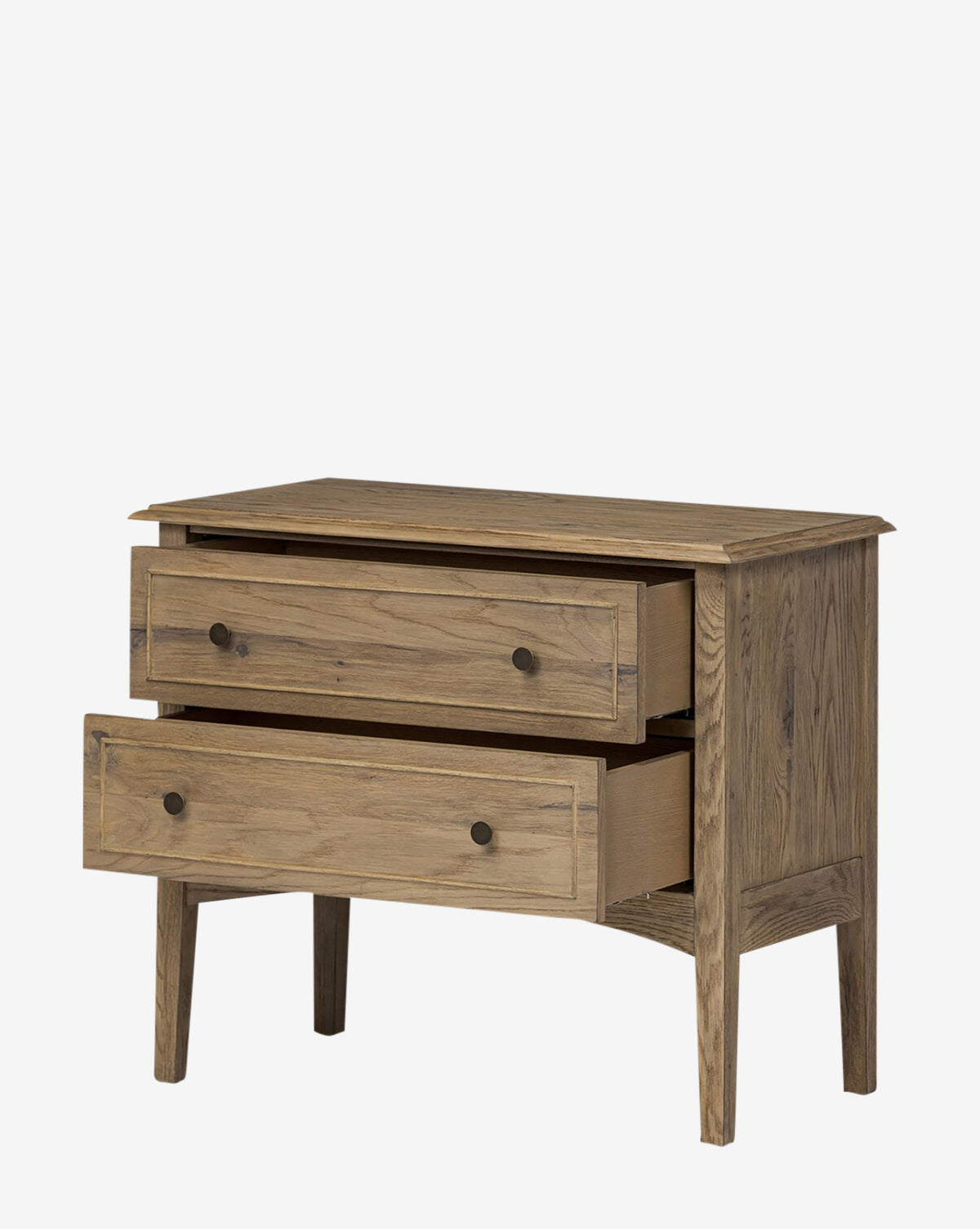 The Aurelian Nightstand features a natural smoked oak finish, two large drawers with black round knobs, and stands on four straight legs—perfect for bedroom storage, by McGee & Co.