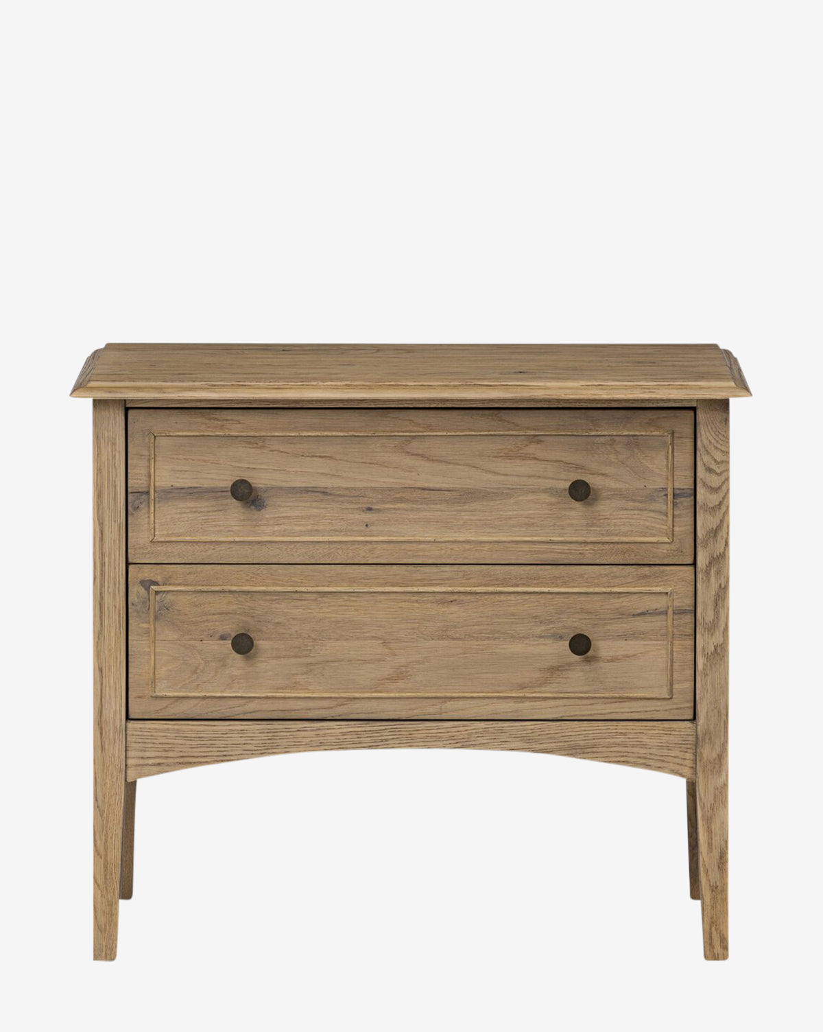The Aurelian Nightstand is a wooden piece with two drawers, each adorned with two round dark knobs. Its natural finish and straight legs offer both style and practical bedroom storage, by McGee & Co.