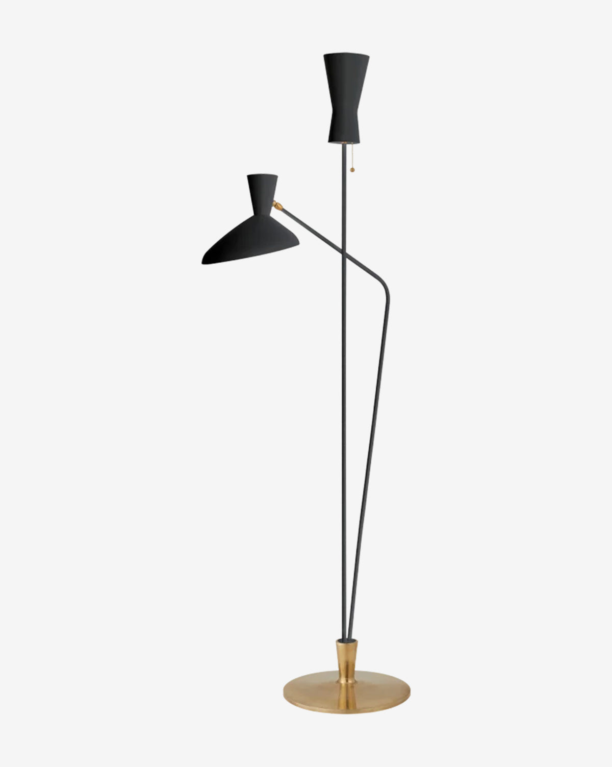 The Austen Dual Function Floor Lamp by Visual Comfort & Co. Signature features two black cone shades, slim black metal rods, and a round brass base—one rod arches outward with a small shade while the other stands upright with a larger shade, available at McGee & Co.