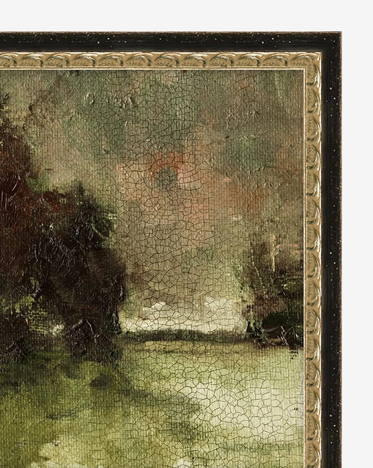 Close-up of Autumn Sky III by Michelle Roberts, a framed vintage-style wall art featuring a textured green and brown landscape with visible paint cracks and a gold decorative border inside a black frame, by McGee & Co.