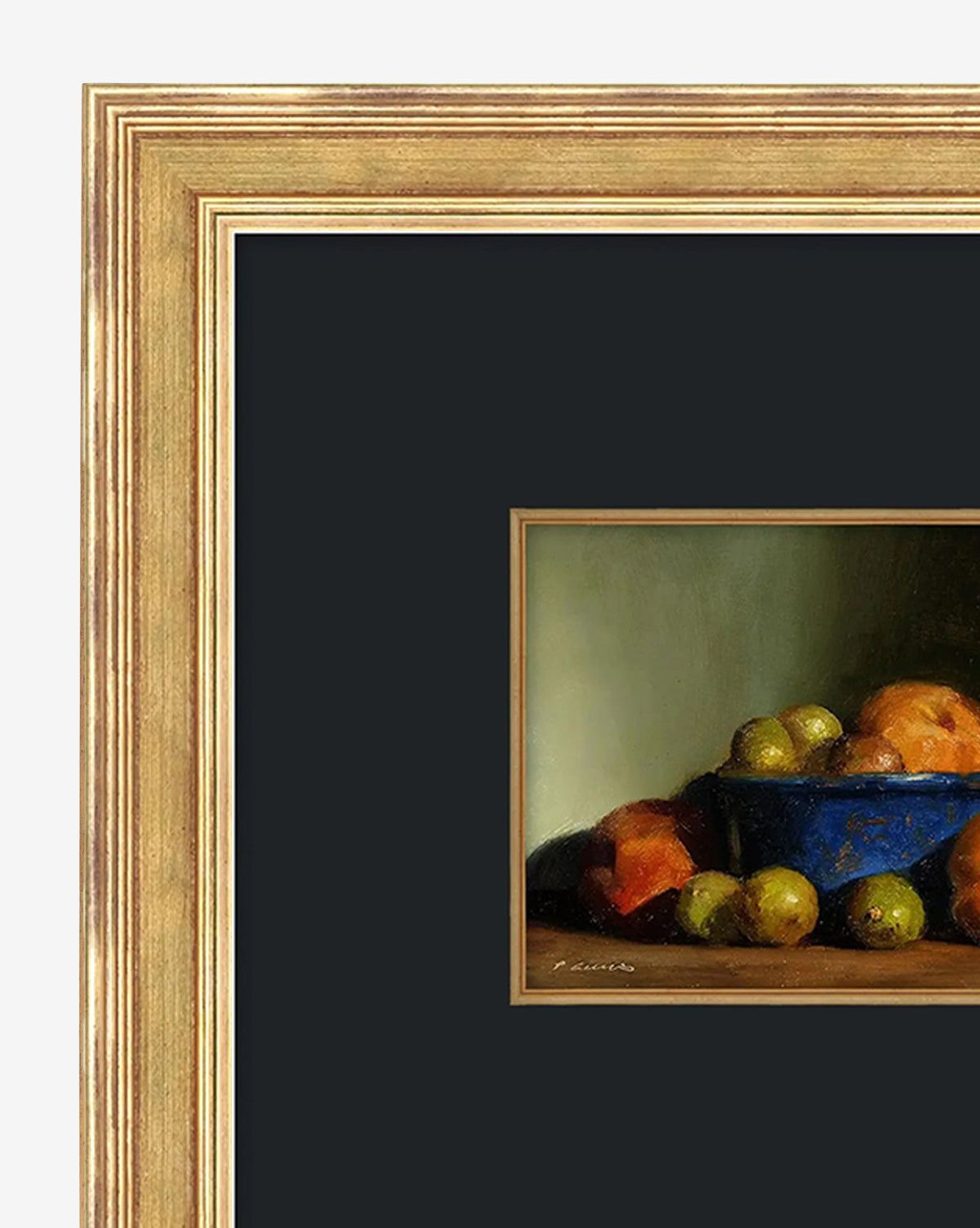 Autumns Bounty I by Pascal Giroud features a blue bowl with green and yellow fruit, surrounded by more fruit. Set in a wide gold frame with black mat, this striking wall art is perfect for enhancing your home decor, by McGee & Co.