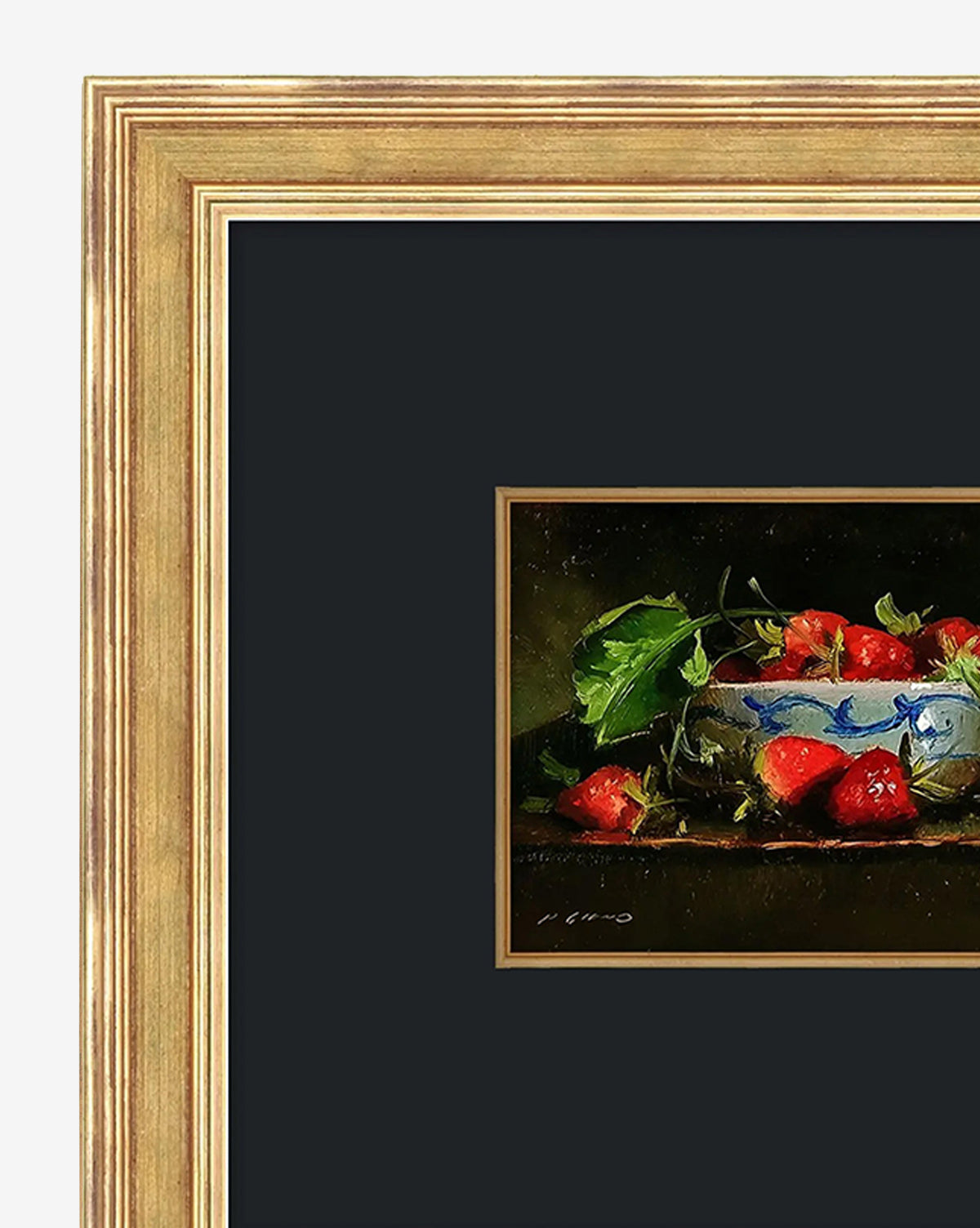 Autumn’s Bounty II by Pascal Giroud: Framed still life wall art featuring strawberries and a blue-and-white bowl on a dark background, finished with a wide gold-toned frame and black mat, by McGee & Co.